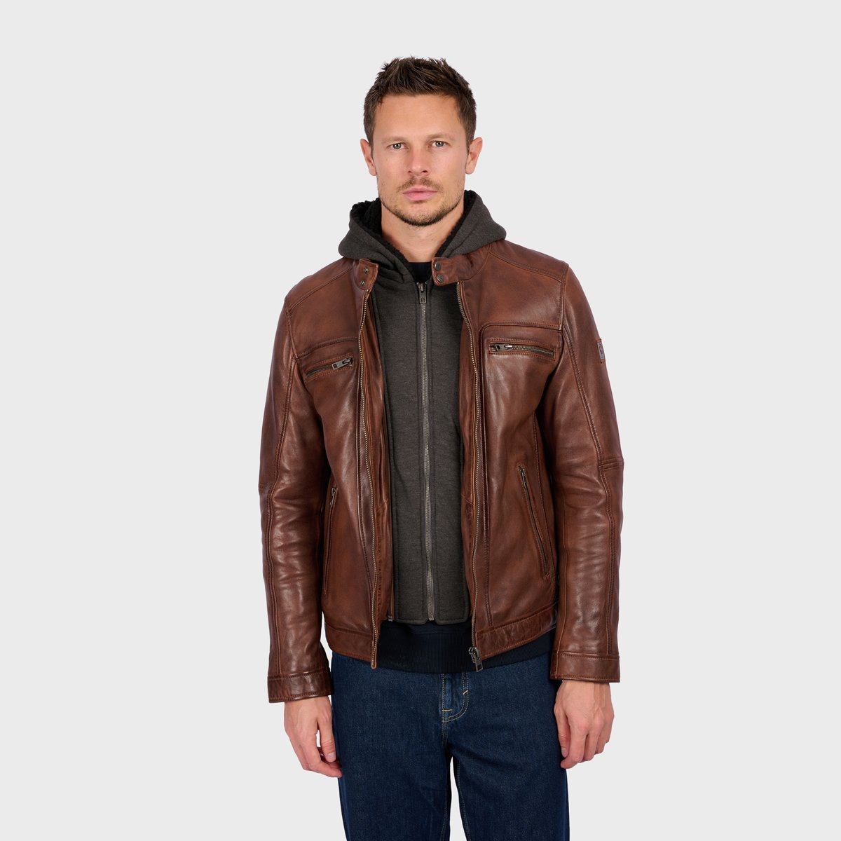 Veste en cuir à manches longues et col mao DRINK cognac, OAKWOOD