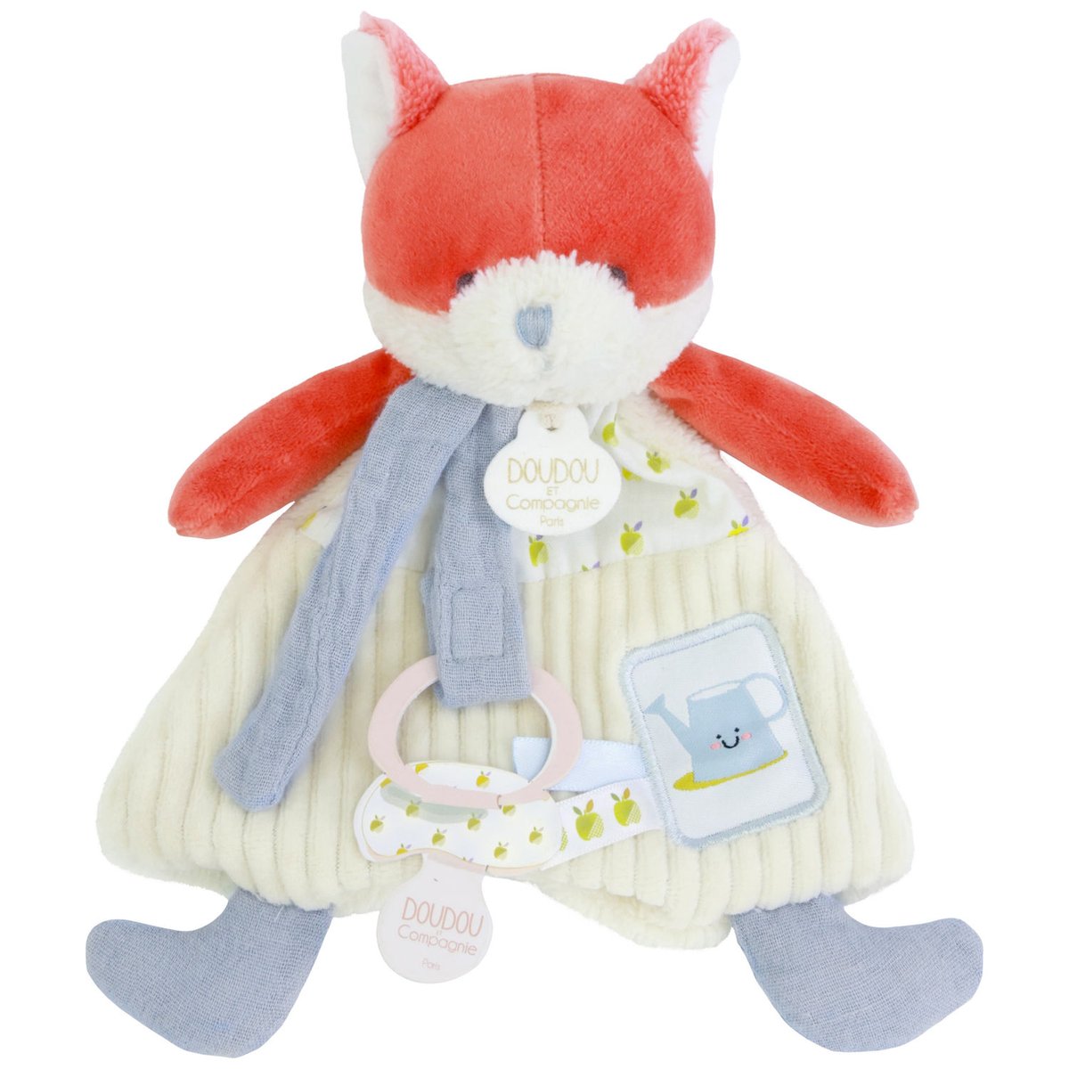 Doudou attache-sucette orange, bleu, blanc, DOUDOU ET COMPAGNIE