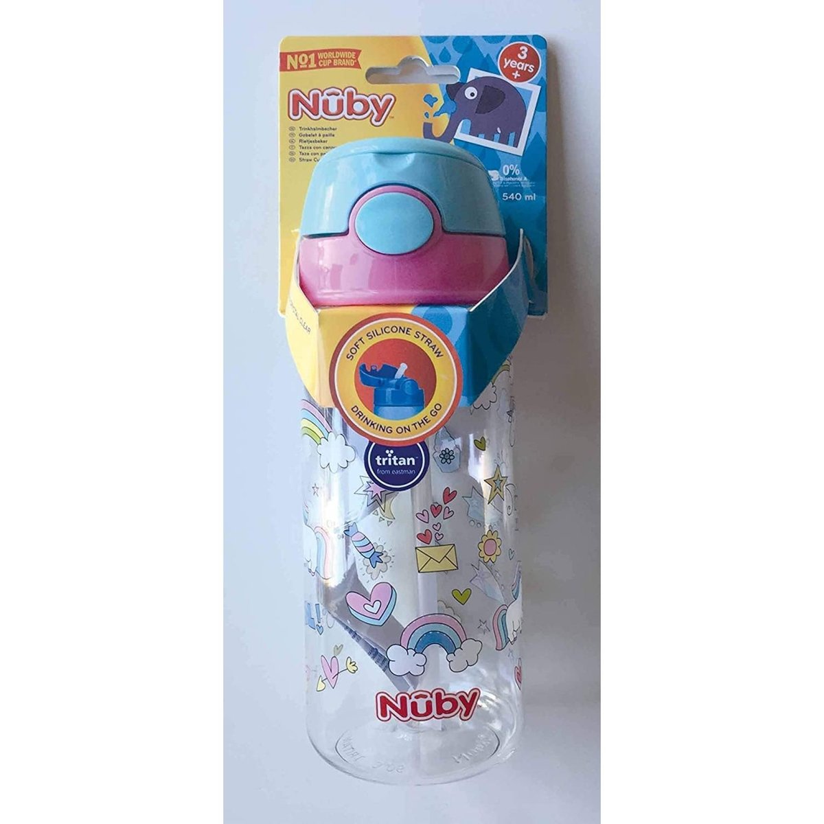Gobelet paille souple et bouton 540ml rose, NUBY