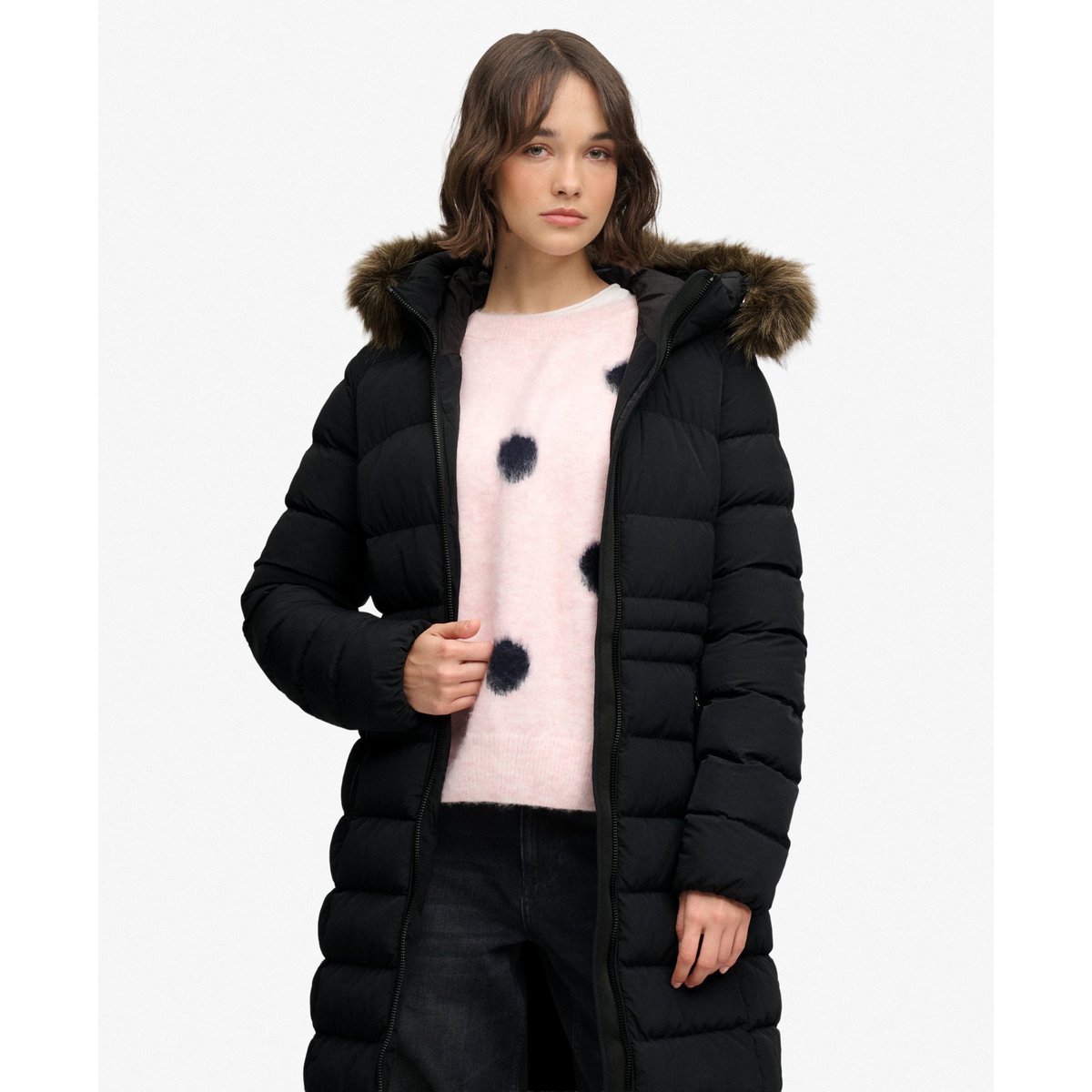 Veste Fuji Longue à Capuche en imitation Fourrure noir, SUPERDRY