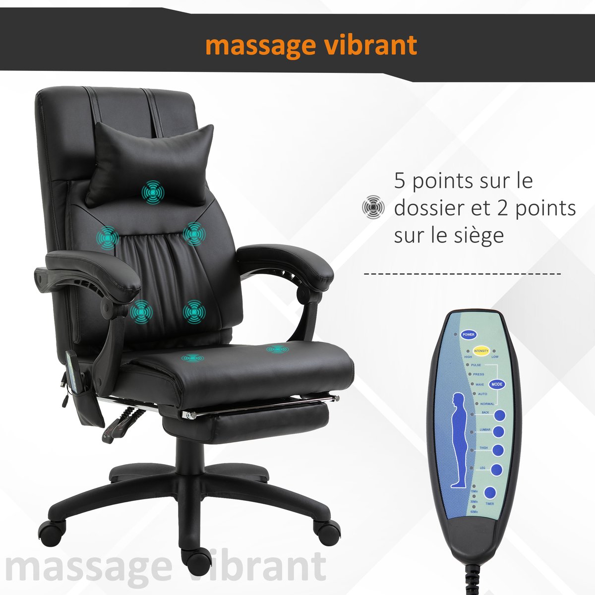 Fauteuil de bureau avec fonction massage noir, HOMCOM