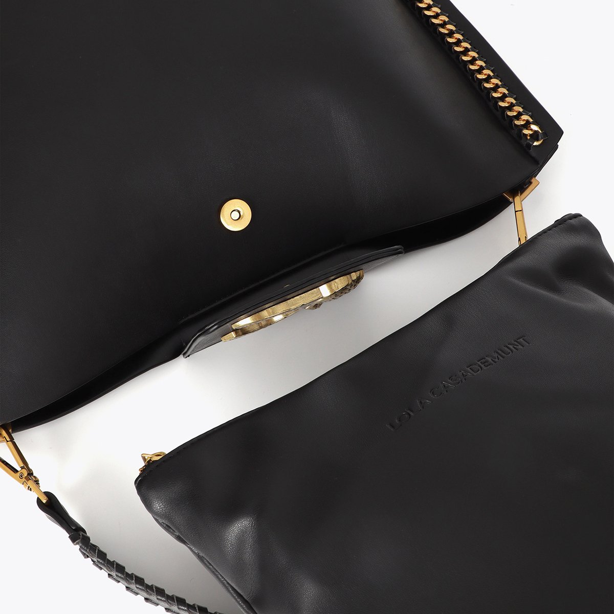 Cabas avec chaîne à logo métallique léopard noir, LOLA CASADEMUNT