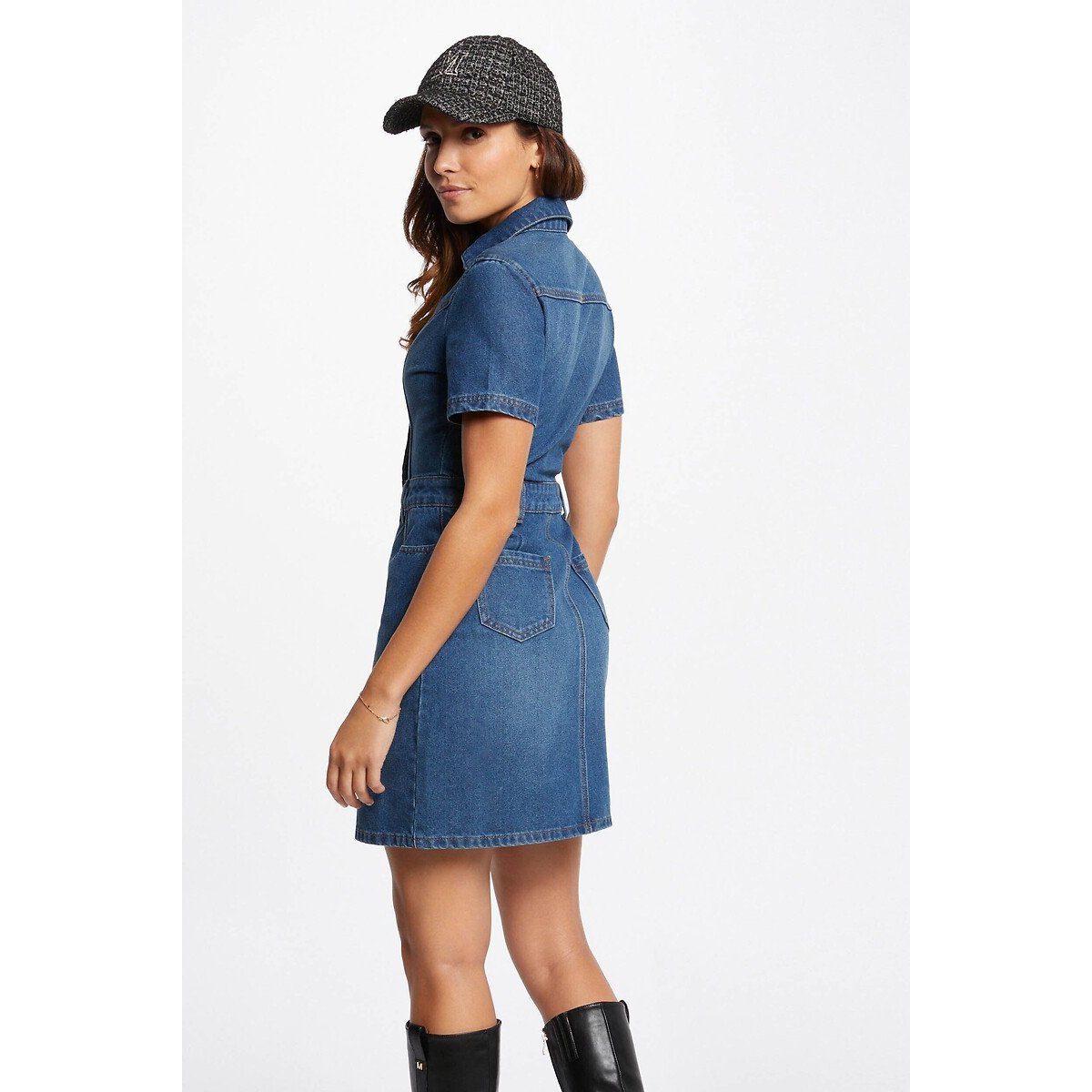Robe courte en jean col V bleu stone, MORGAN