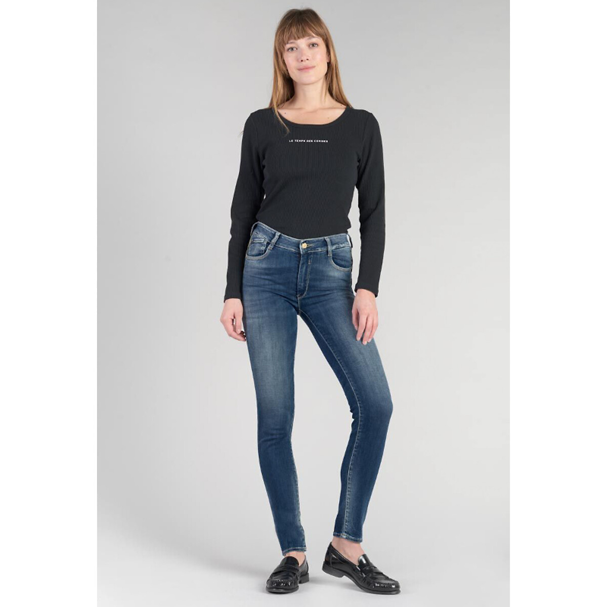 Slim Fit Jeans with High Waist double stonewashed blue, LE TEMPS DES CERISES