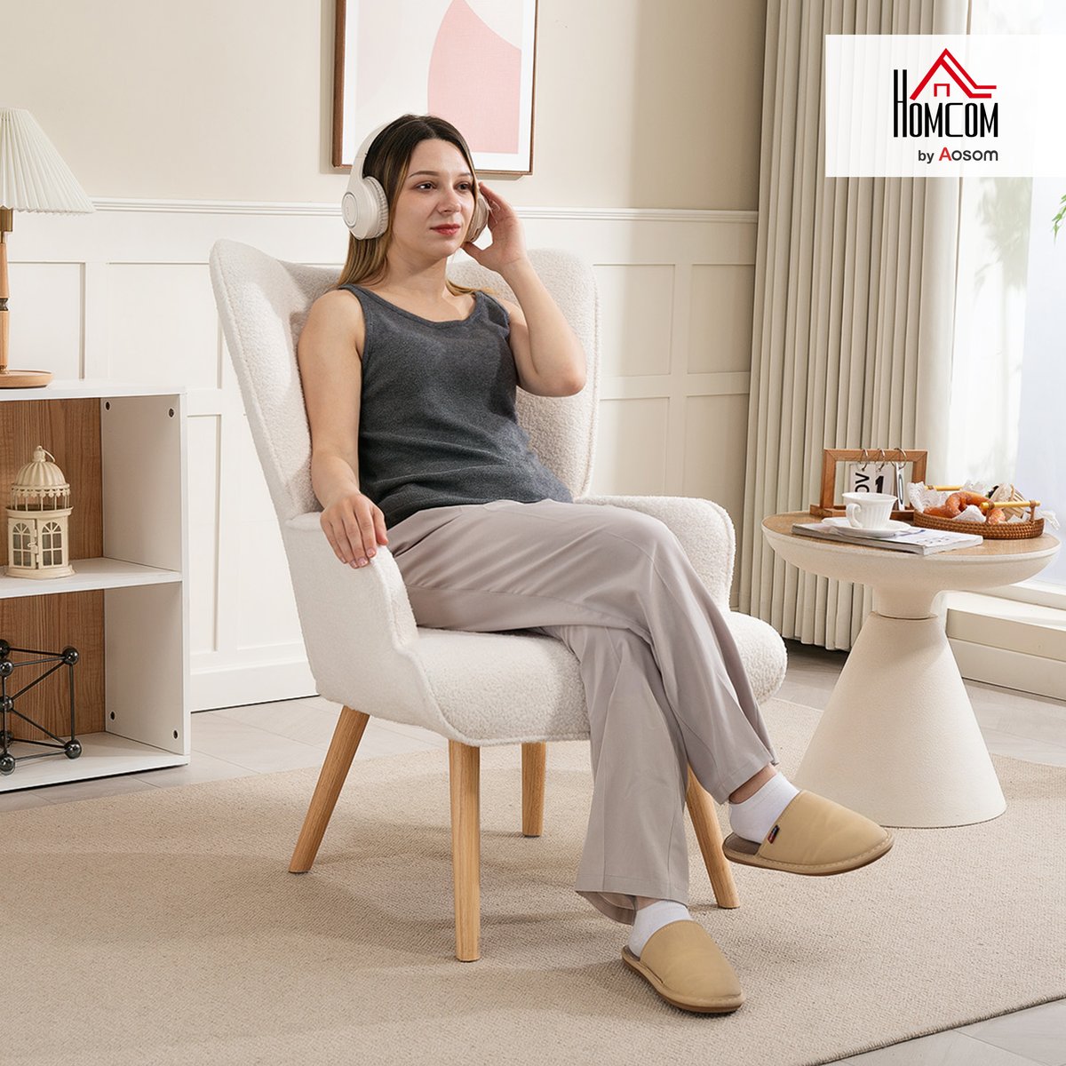Accent Chair Tissu bouclette (100% polyester) beige, HOMCOM