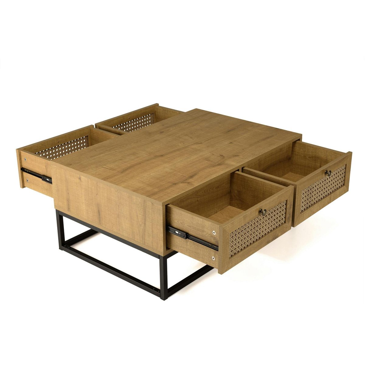 Table basse en bois 4 tiroirs cannage naturel ALCUDIA bois naturel, PIER IMPORT