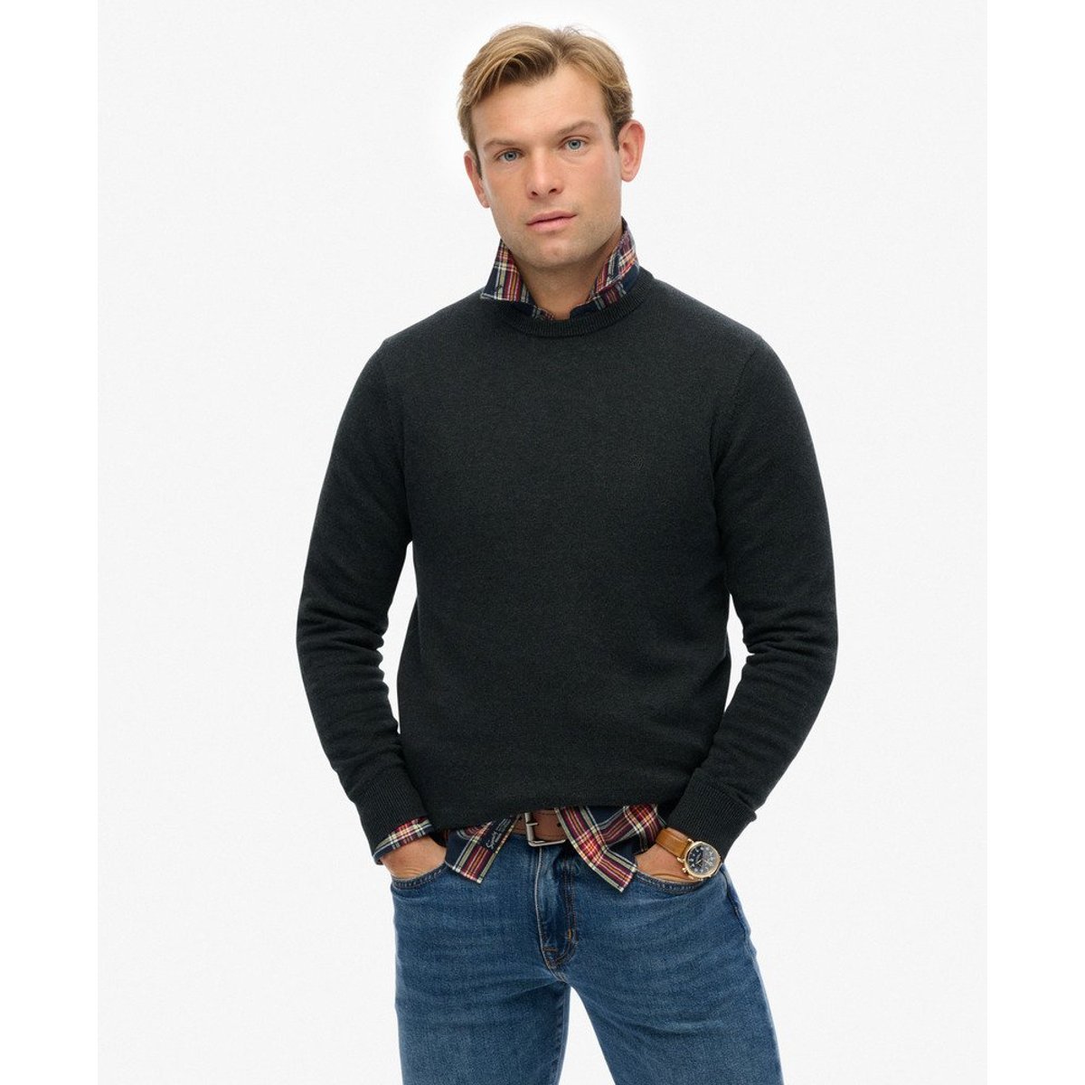 Pull en Coton Essentials anthracite chiné, SUPERDRY