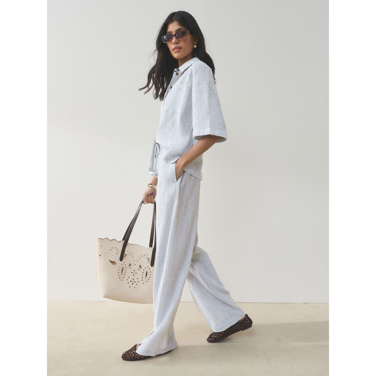 Pantalon large texturé en lin, lot de 2 rayures bleu ardoise/blanches, NEXT