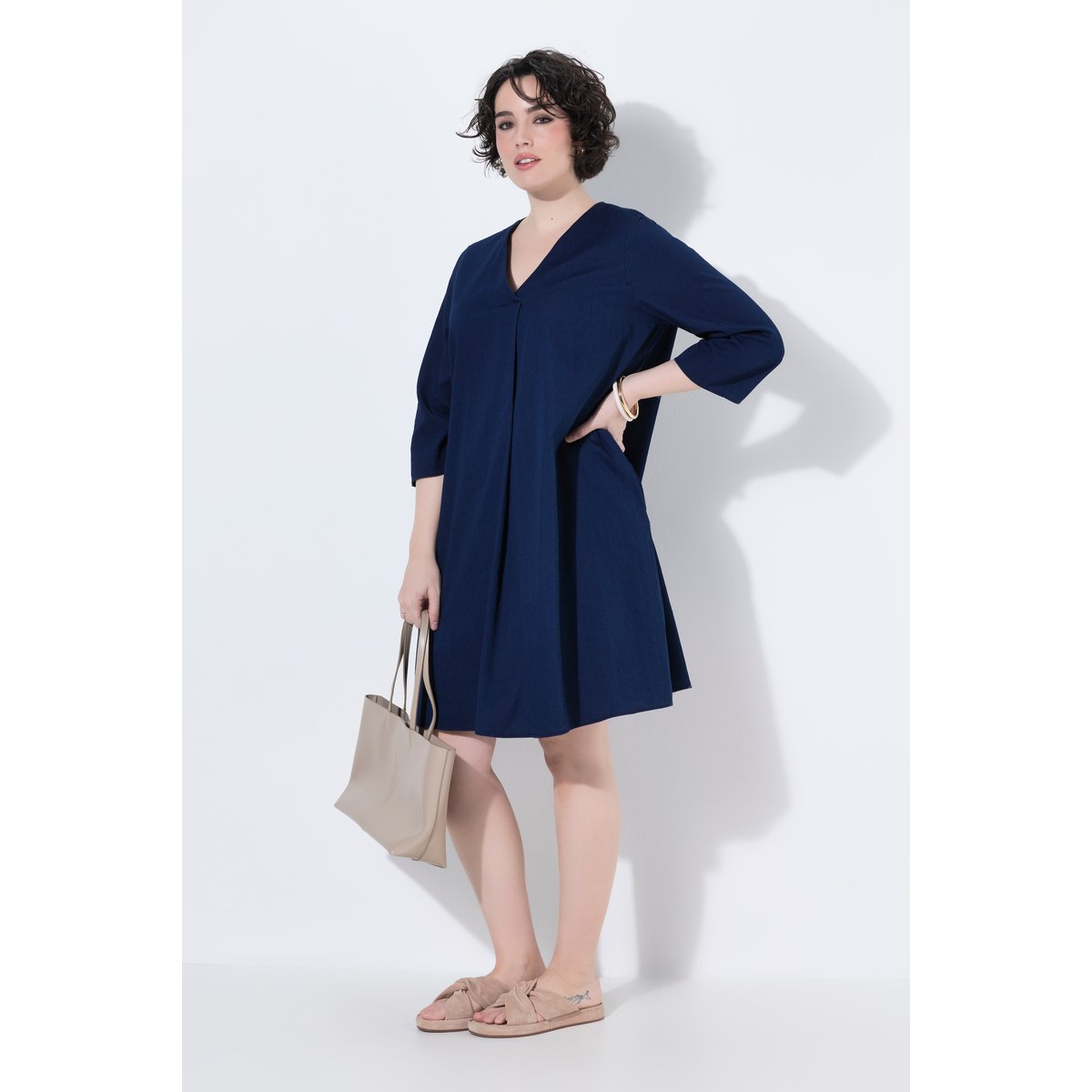Robe en jersey avec poches et manches 3/4 jean bleu foncé, ULLA POPKEN