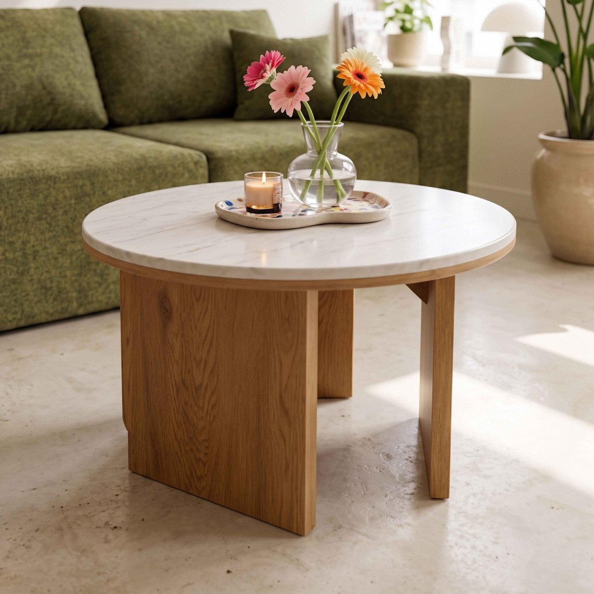 Table basse effet bois FSC ronde 80 cm, BONNY bois clair, OVIALA