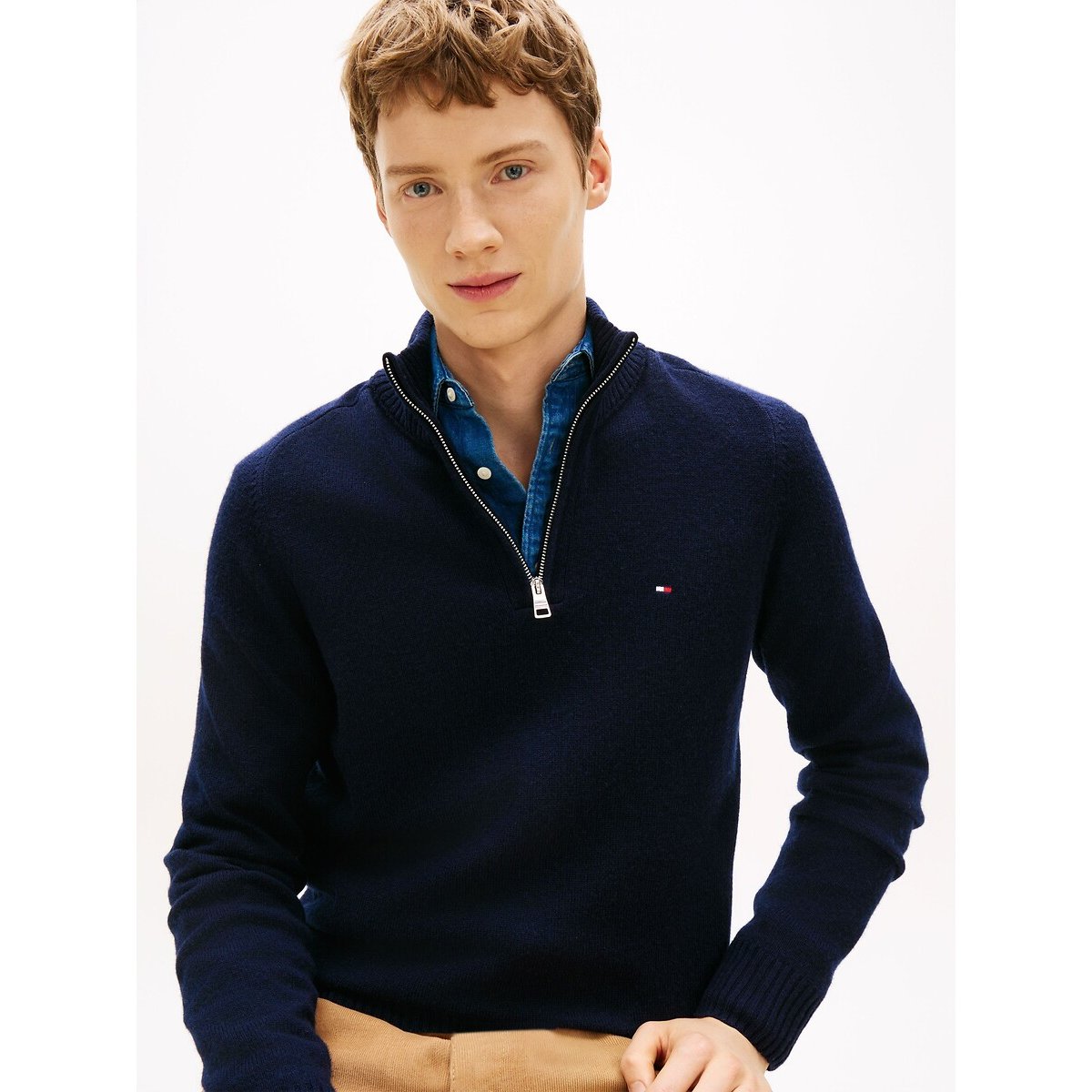 Pull col camionneur en laine d'agneau bleu marine, TOMMY HILFIGER