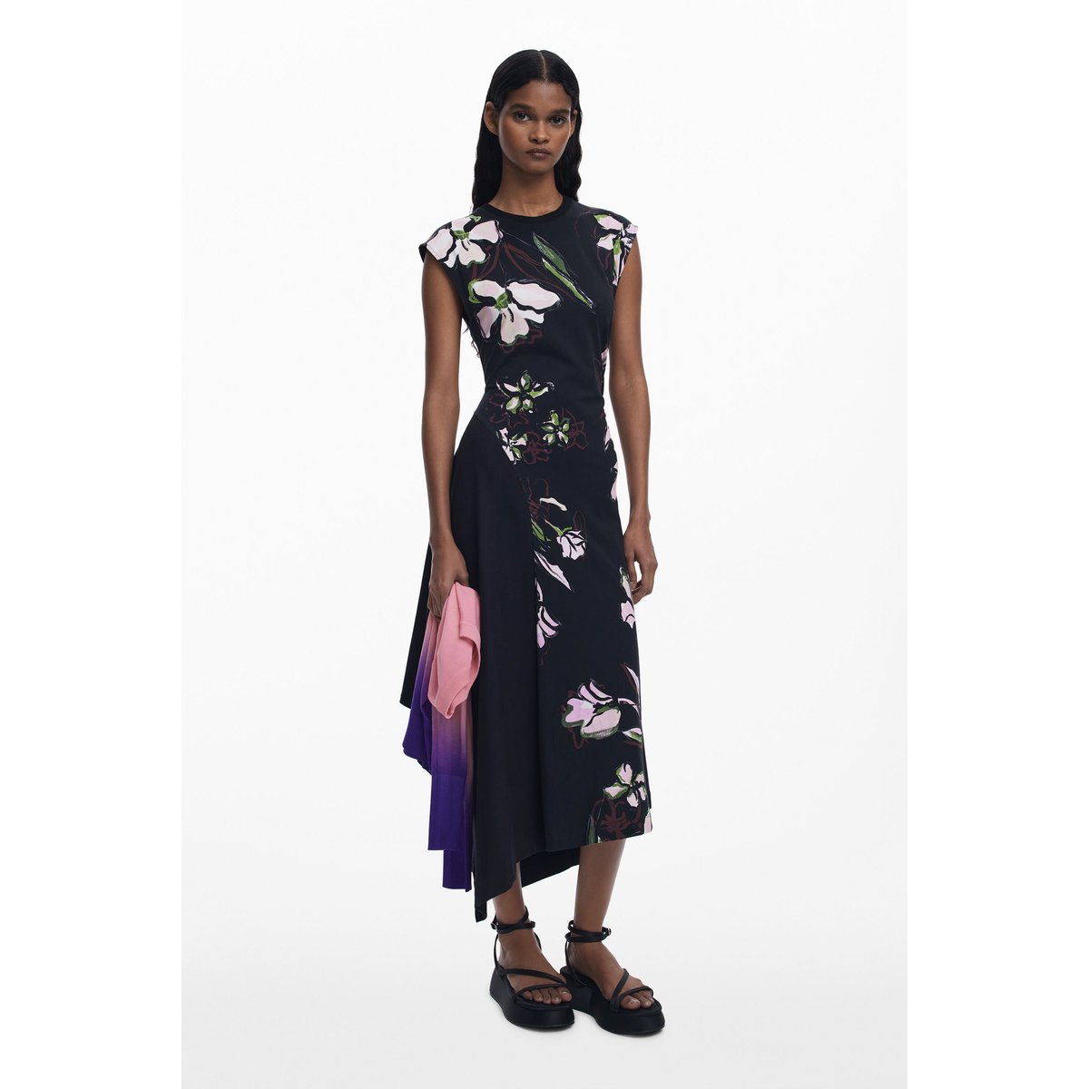 Robe asymétrique à fleurs noir, DESIGUAL