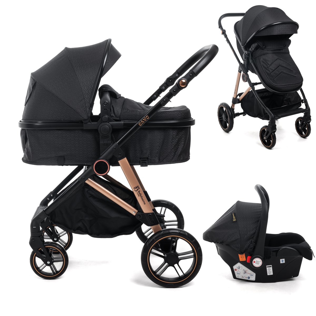 Poussette combinée trio 3 en 1 - siège auto 0+ CAVO – nacelle – dès la naissance – jusqu’à 22kg - noir couleur unique, BEBELISSIMO J'AIME