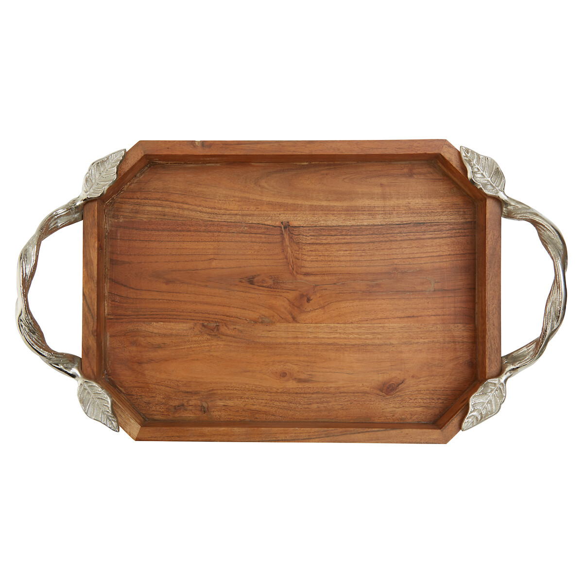 Acacia Wood Tray with Aluminium Leaf Handle brown, SO'HOME