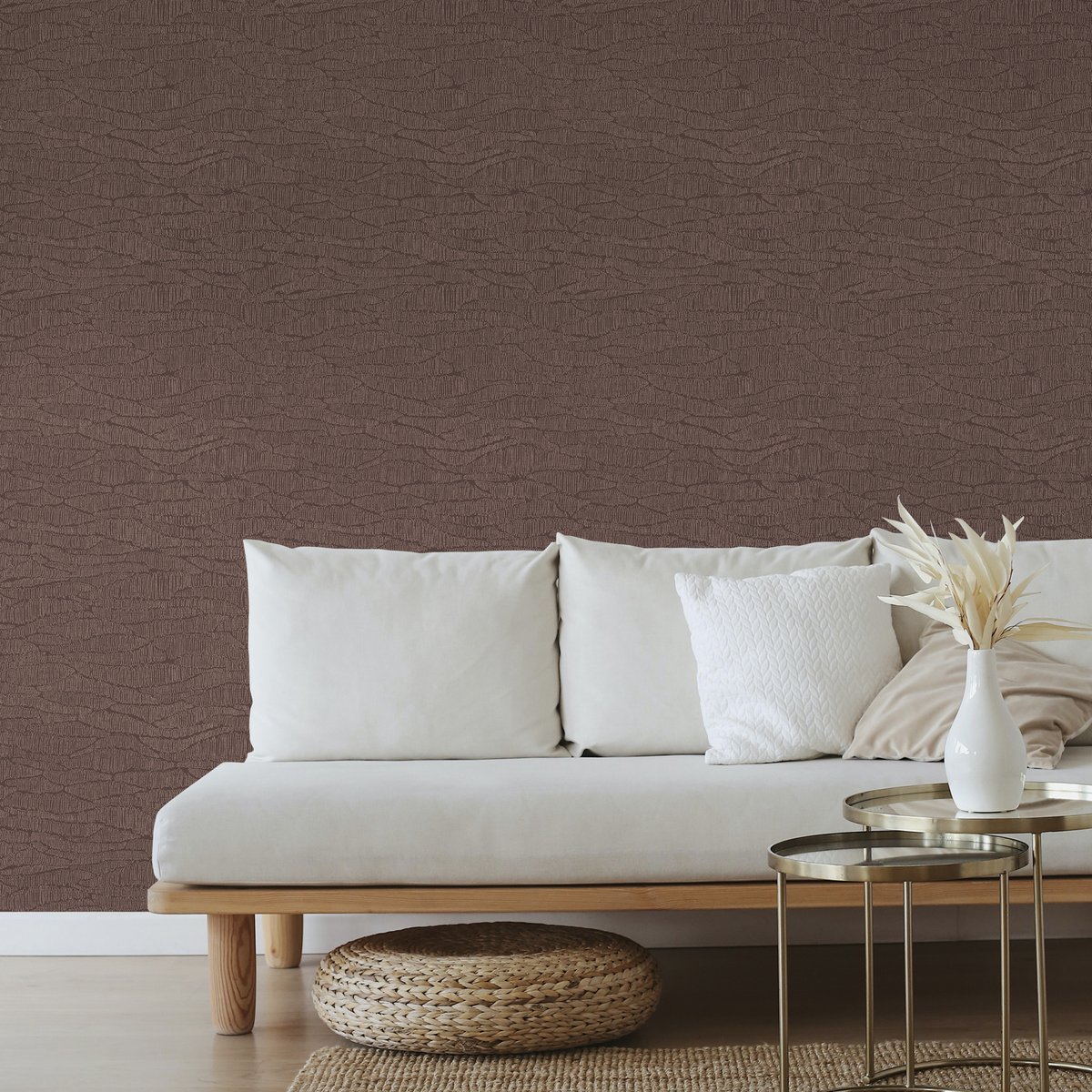 Papier peint Effet tissage Thya marron foncé, or, SUBLIME
