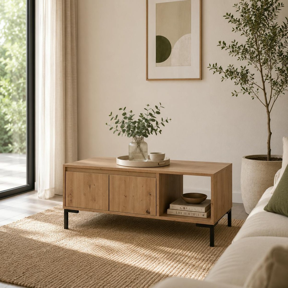 Table basse décor bois 2 portes 1 niche KARVI bois naturel, PIER IMPORT
