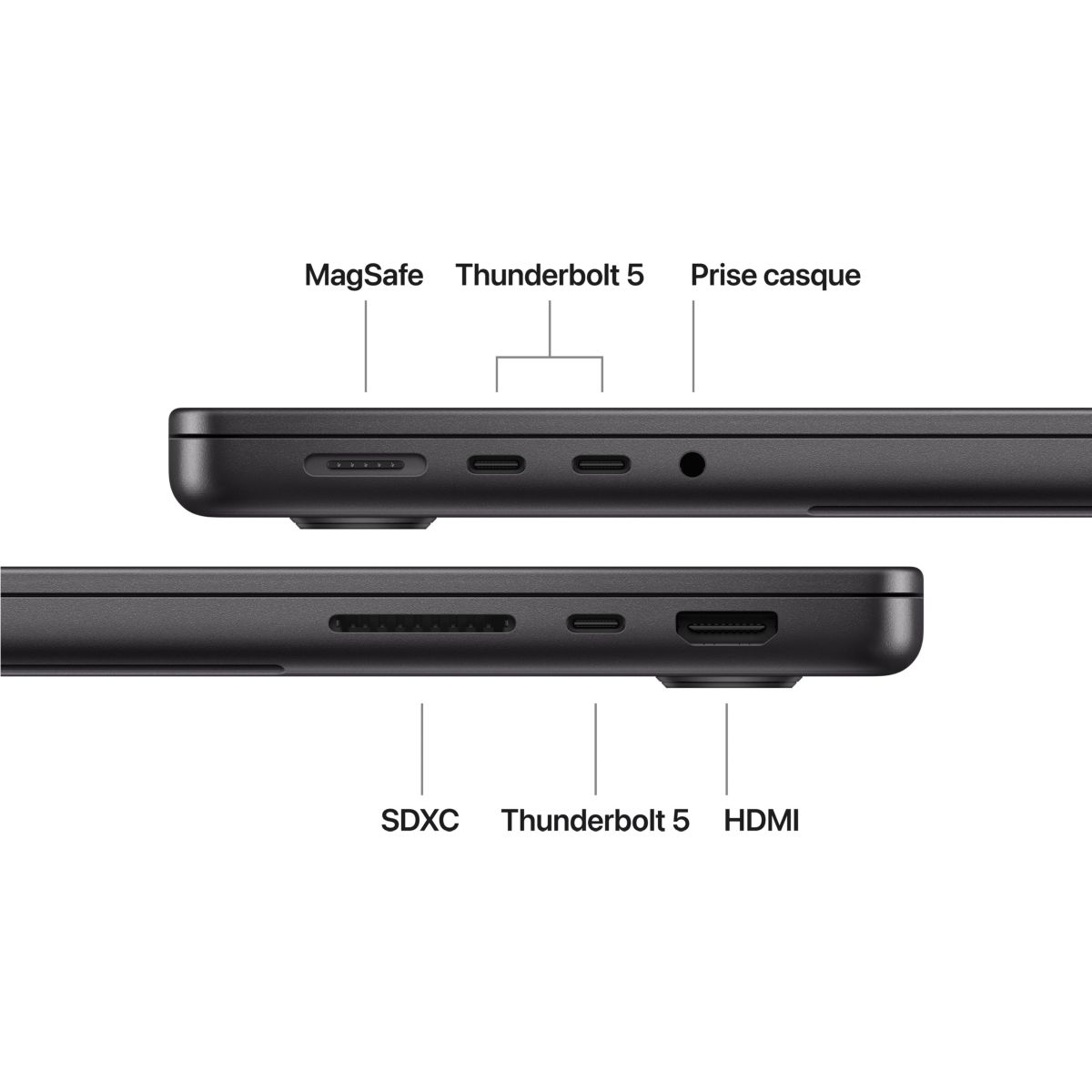 Ordinateur Apple Pro 14" Puce M5 Pro CPU 15 / GPU 16 coeurs Mémoire RAM 24Go Stockage 2To SSD XDR Noir sidéral couleur unique, APPLE