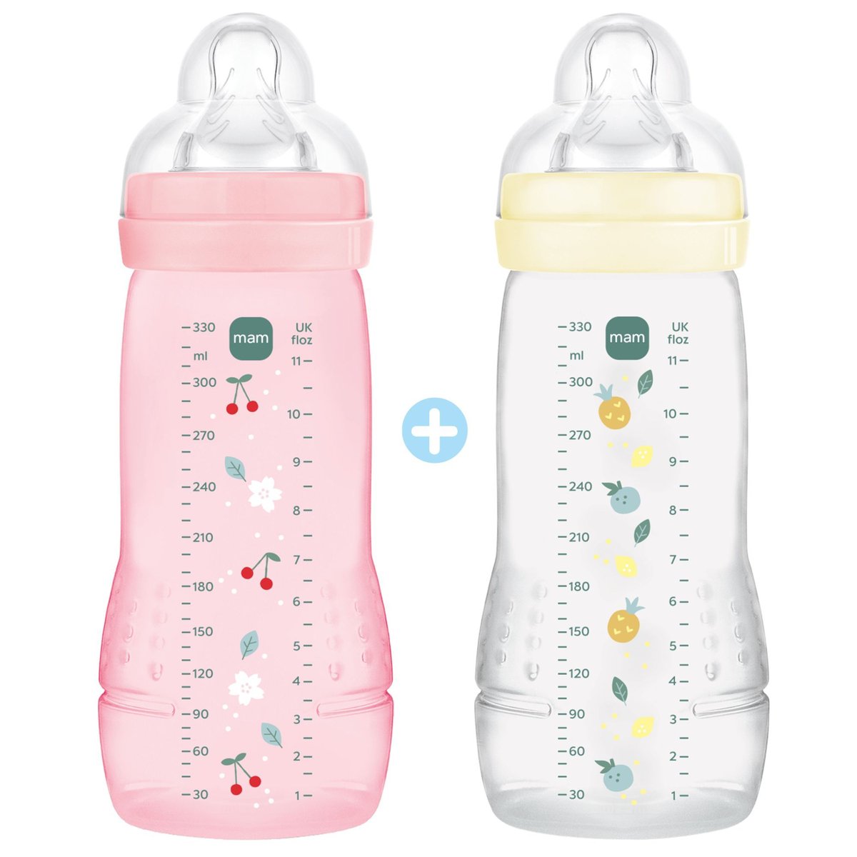 Lot de 2 biberons 330ml rose, beige, MAM
