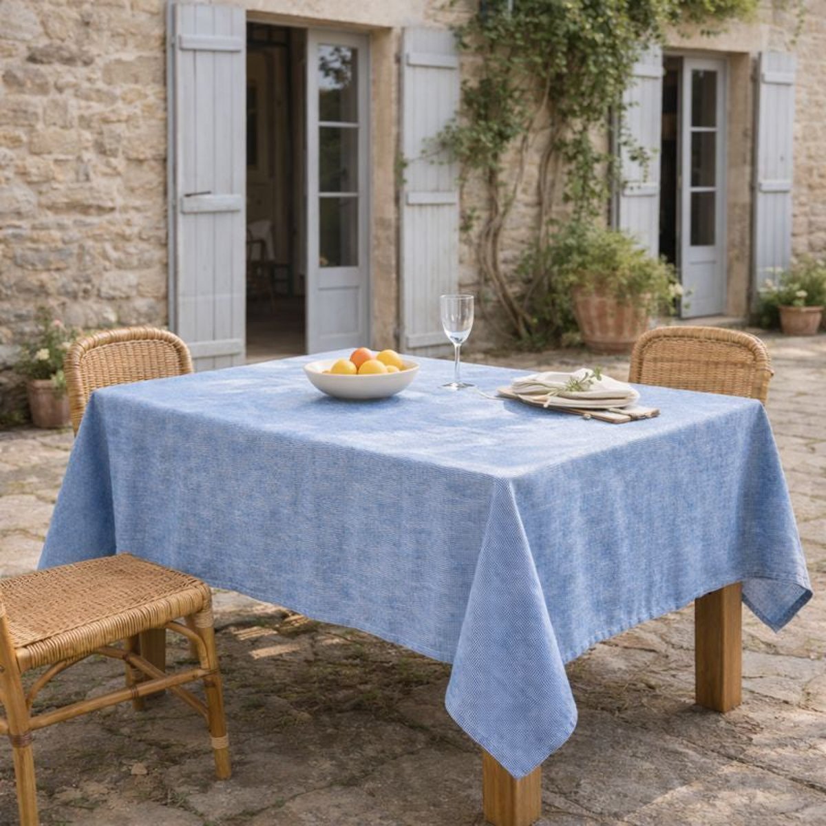 Nappe + 8 serviettes coton COLETTE bleu grec, FEBRONIE
