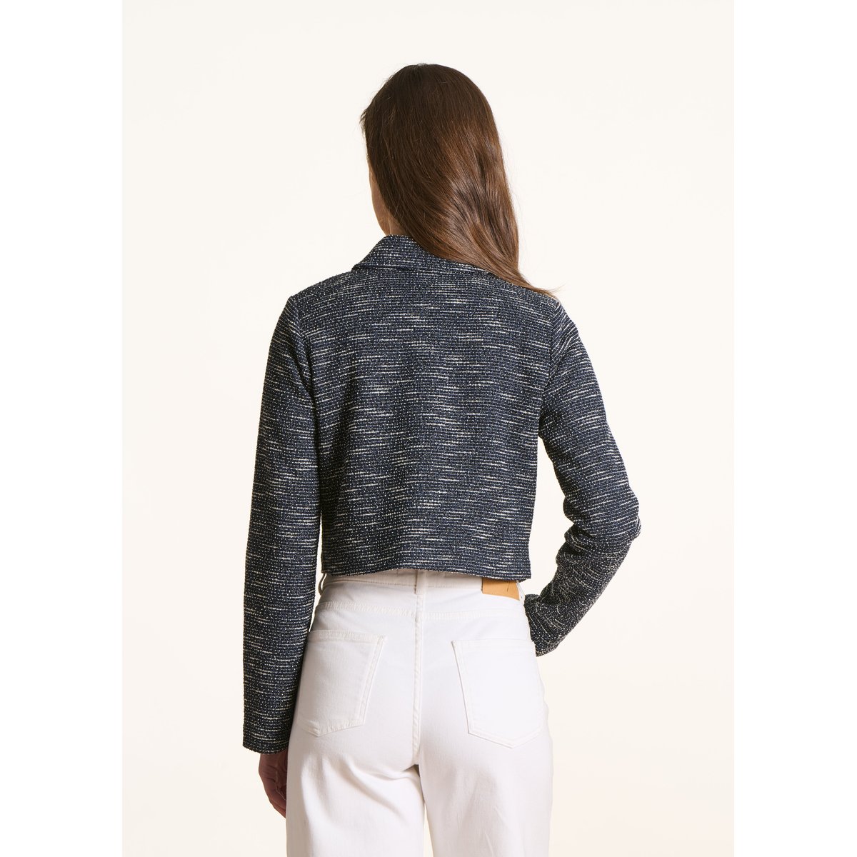 Veste courte droite en milano effet tweed navy, LA FEE MARABOUTEE