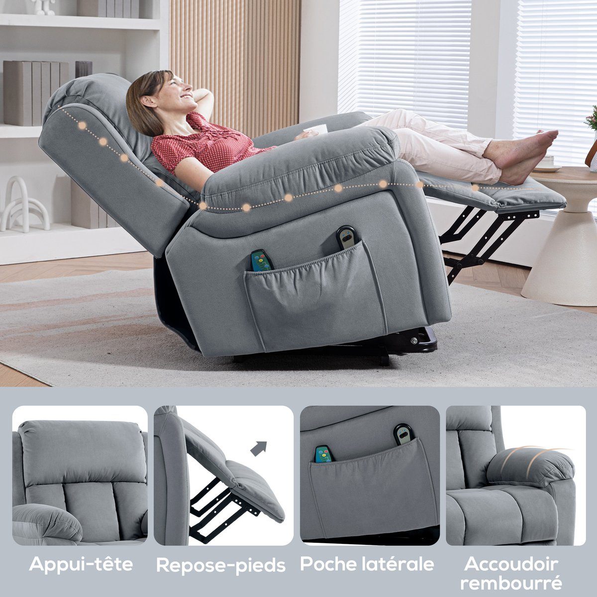Fauteuil releveur multifonctionnel Tissu gris, HOMCOM