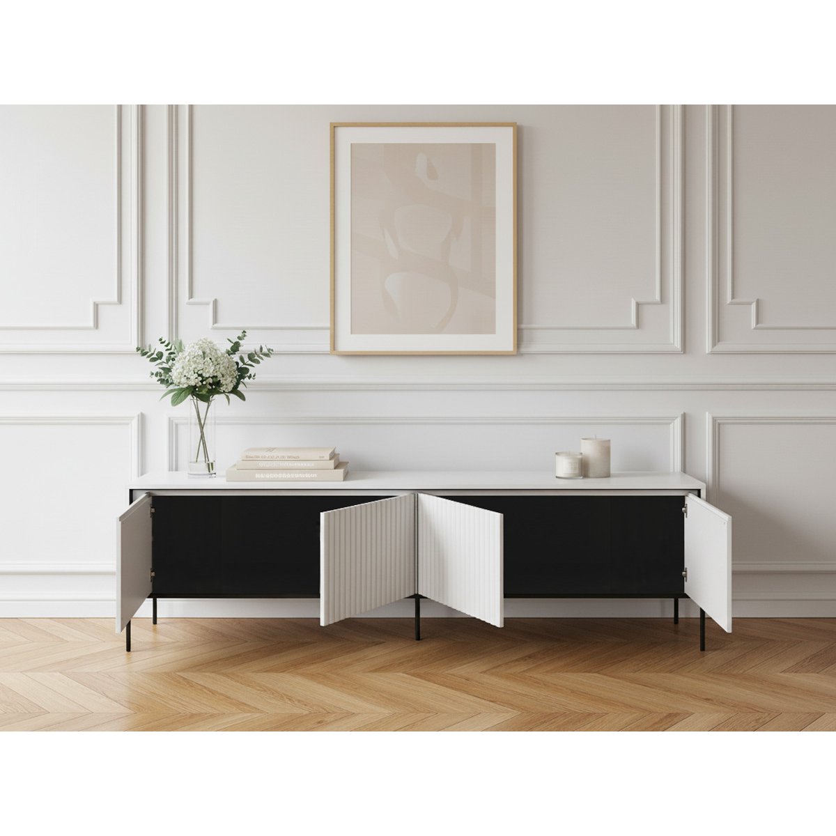 Meuble TV 193 cm panneaux de particules, LENARA blanc, BOBOCHIC