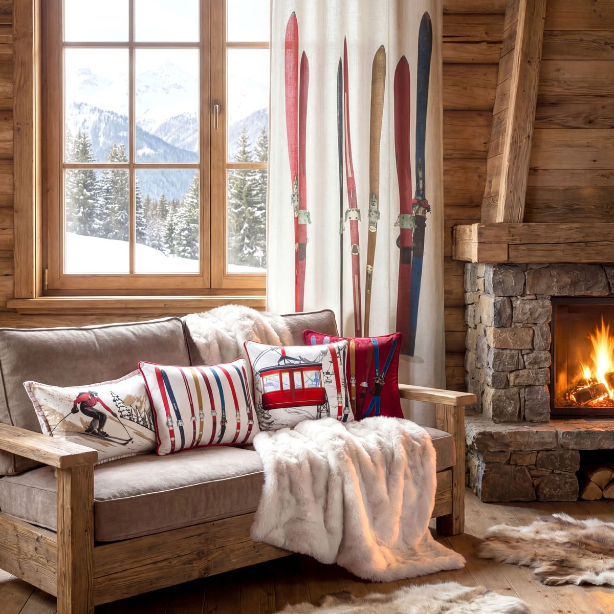 Coussin rectangulaire en coton à motif ski blanc, LOVELY CASA