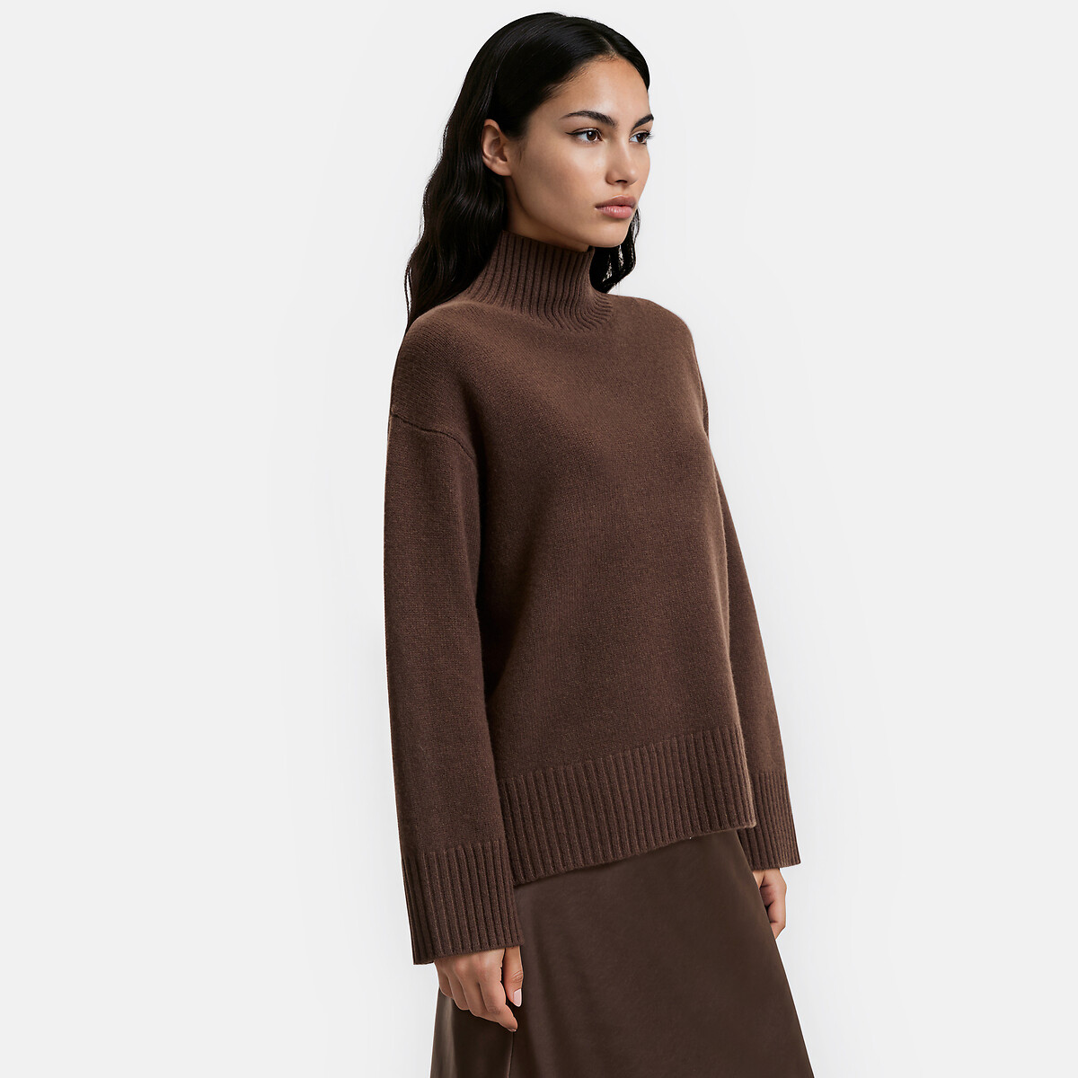 Jersey de cuello alto de lana, punto grueso marrón, LA REDOUTE COLLECTIONS