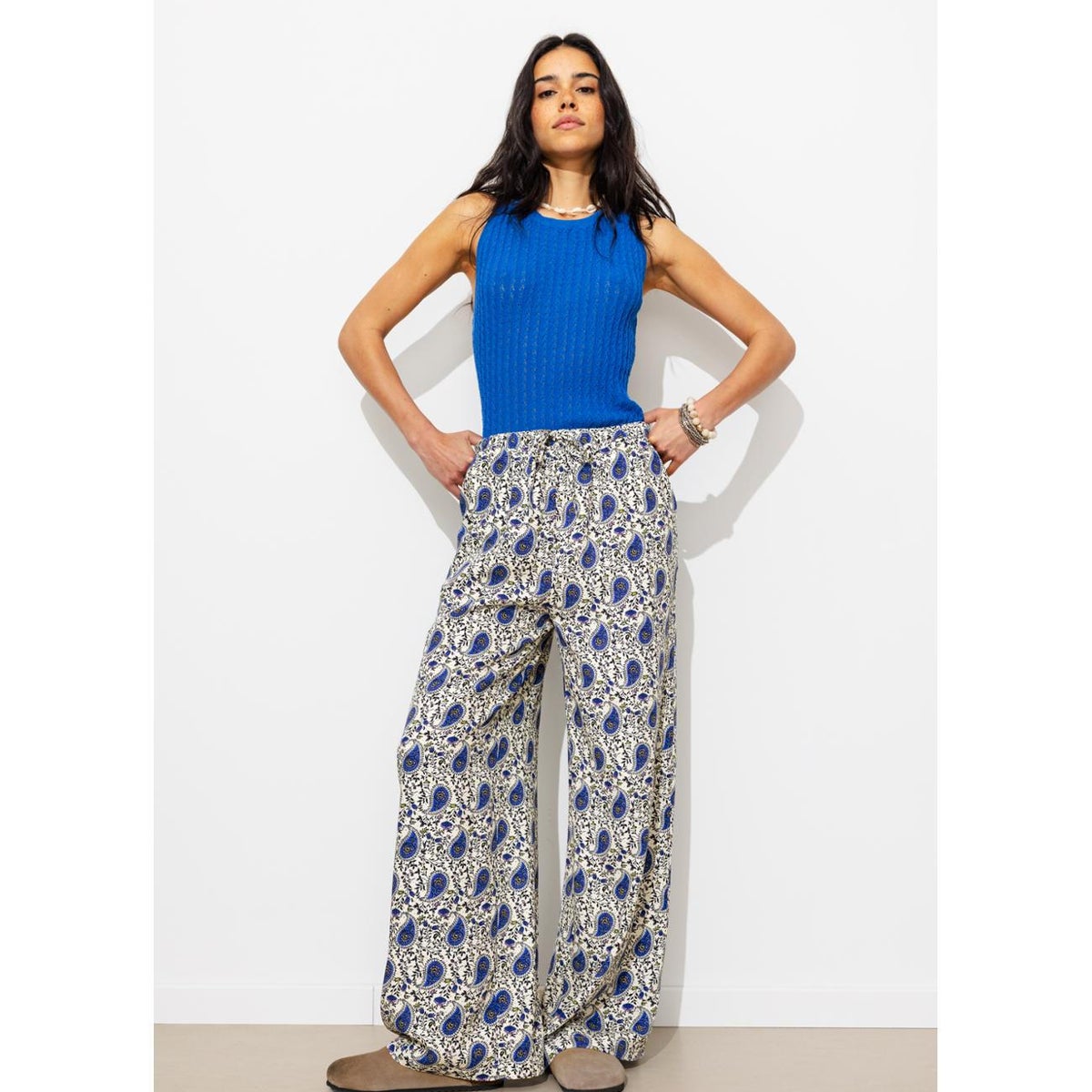 Pantalon large ceinturé imprimé multicolore, PROMOD