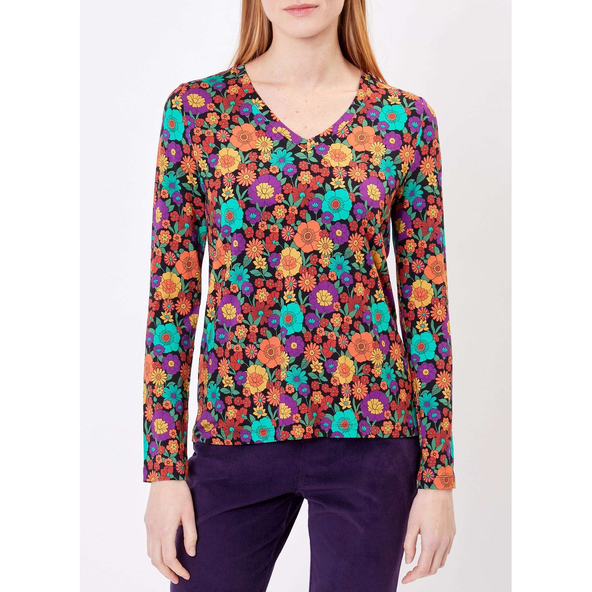 Tee shirt imprimé droit col V JULIA orange multicolore, PRINCESSE NOMADE
