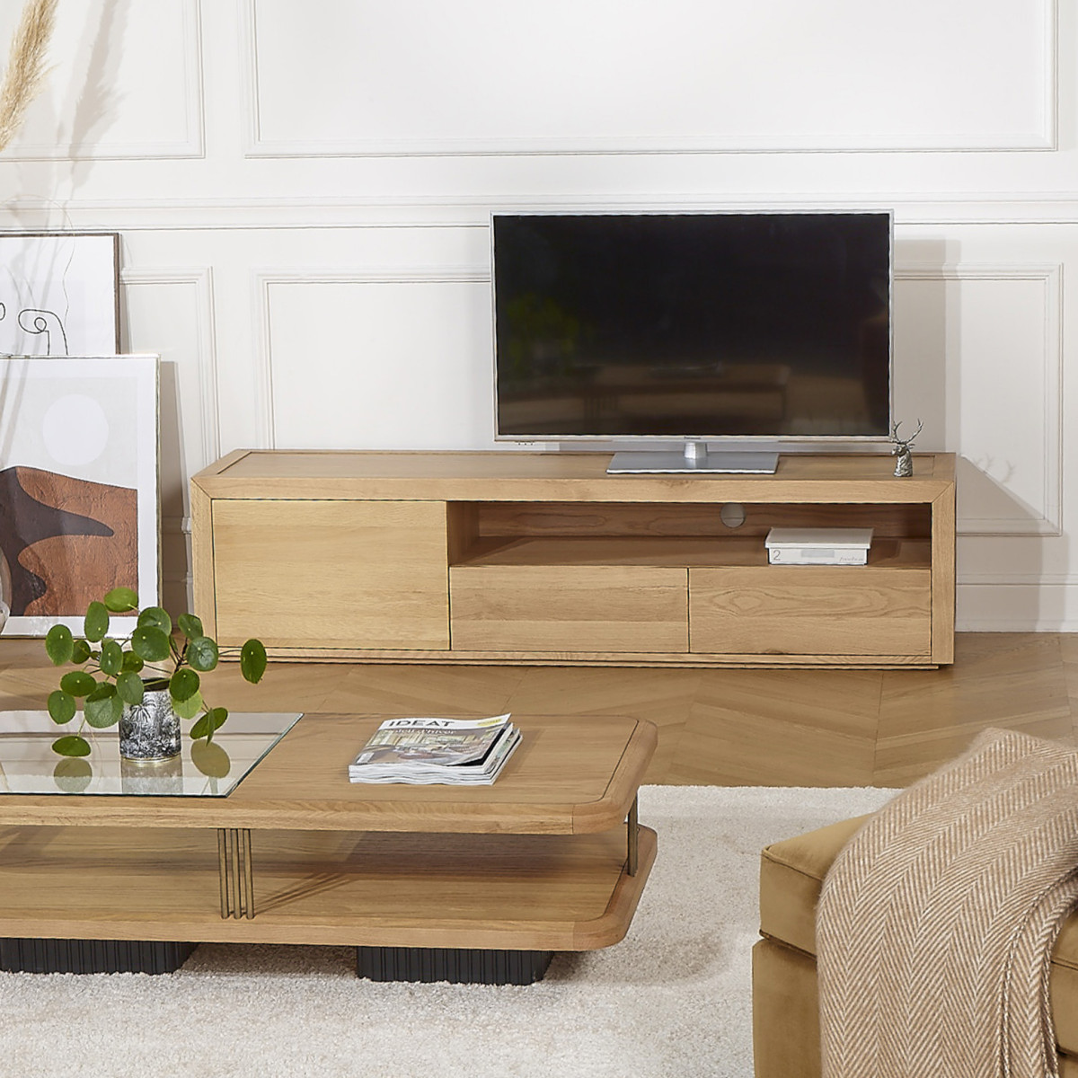 Meuble TV contemporain en chêne, 2 tiroirs, 1 porte CAMILLE beige, ROBIN DES BOIS