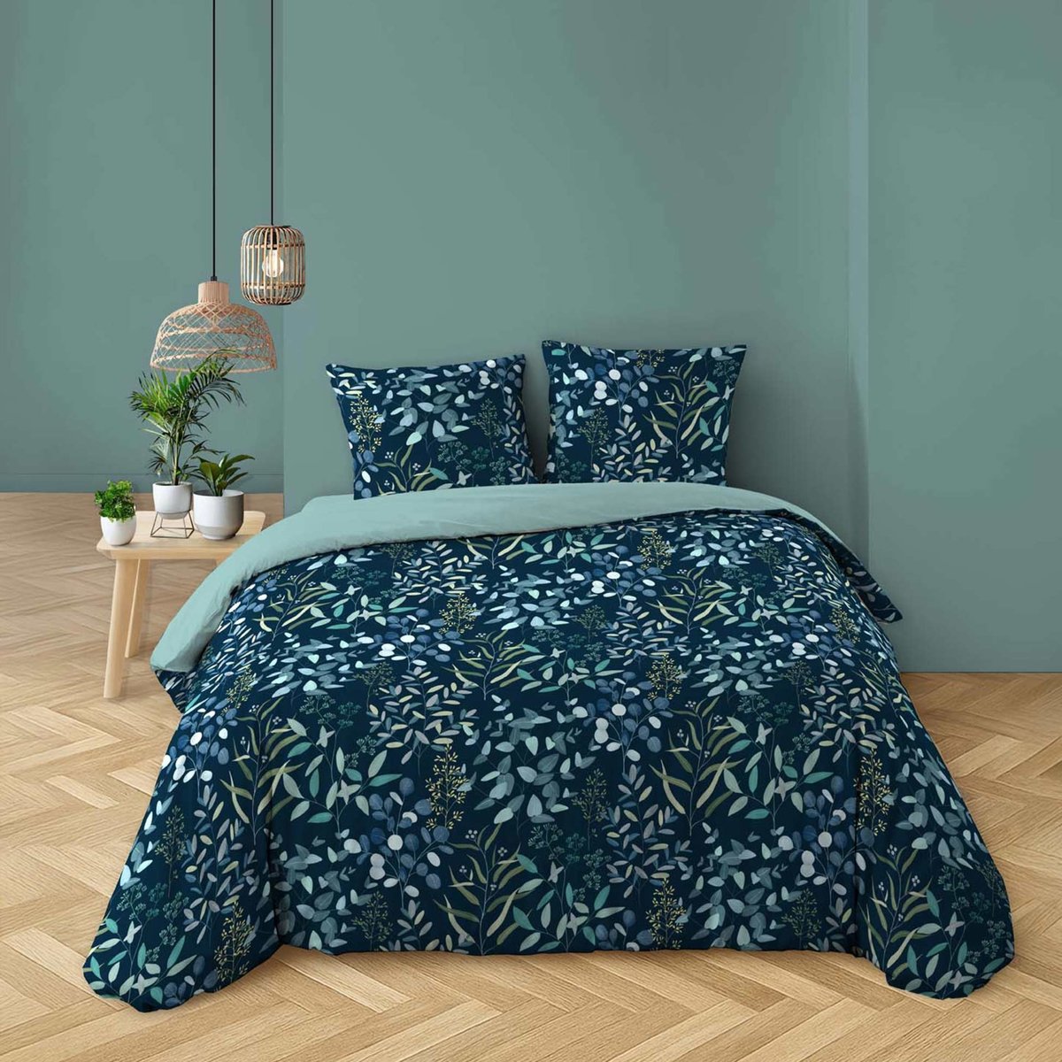 Parure de lit 3 pièces 100% coton à motif végétal housse + taies bleu, DOUCEUR D'INTÉRIEUR