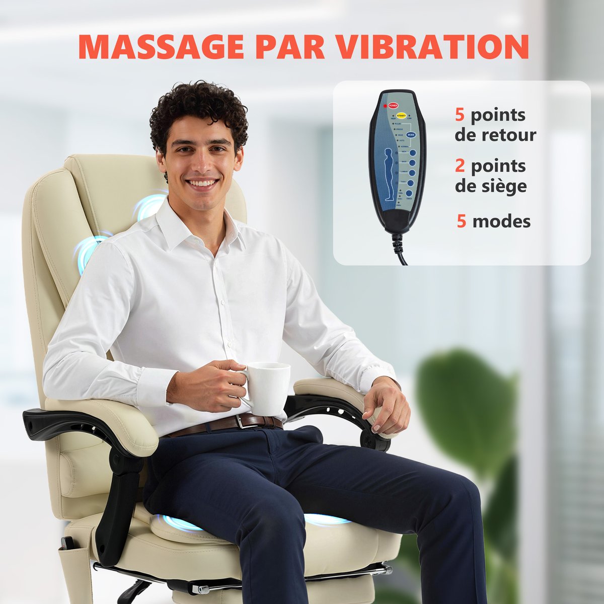 Fauteuil de bureau avec fonction massage beige, HOMCOM