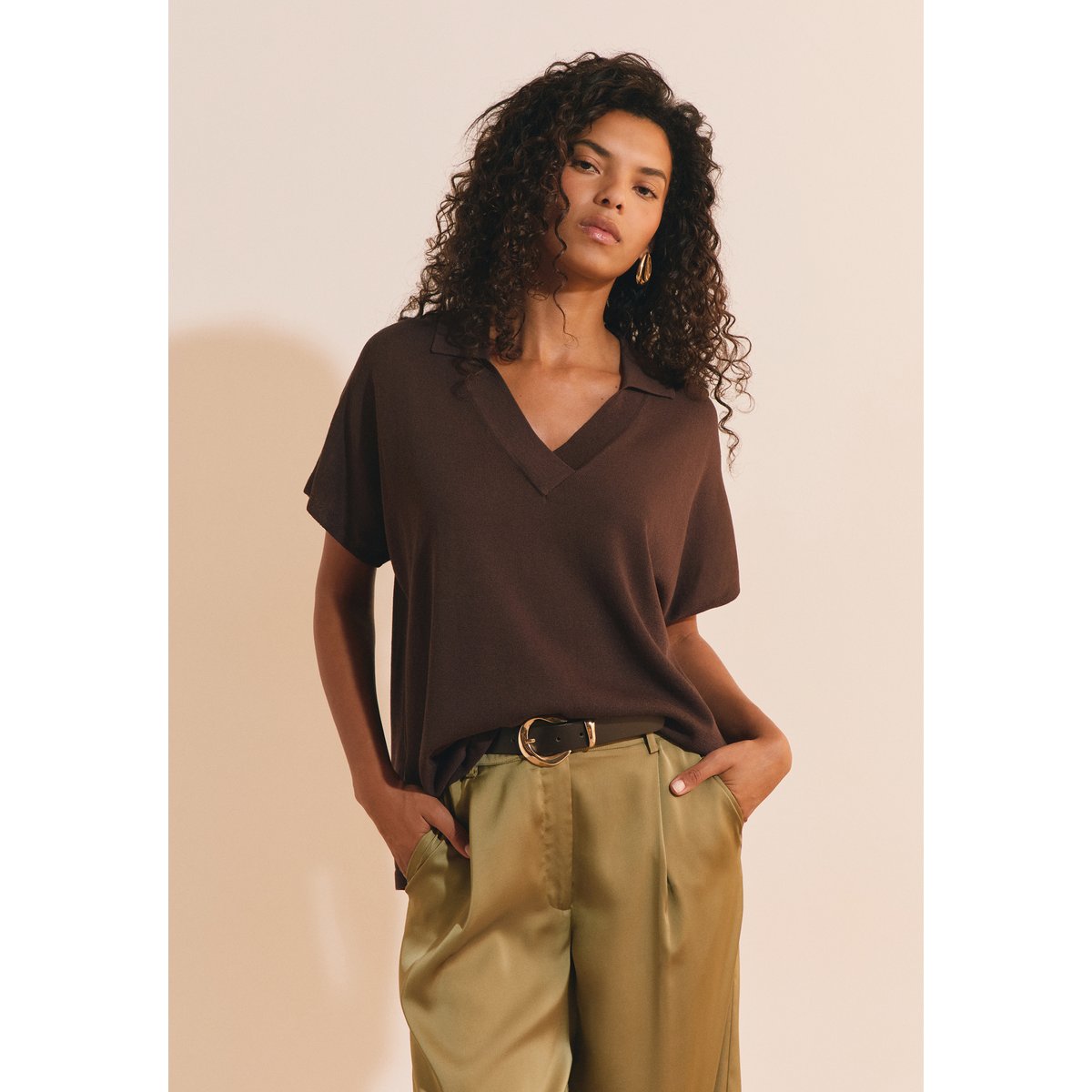 Pull manches courtes col polo SONIA POLO chocolat, ETAM
