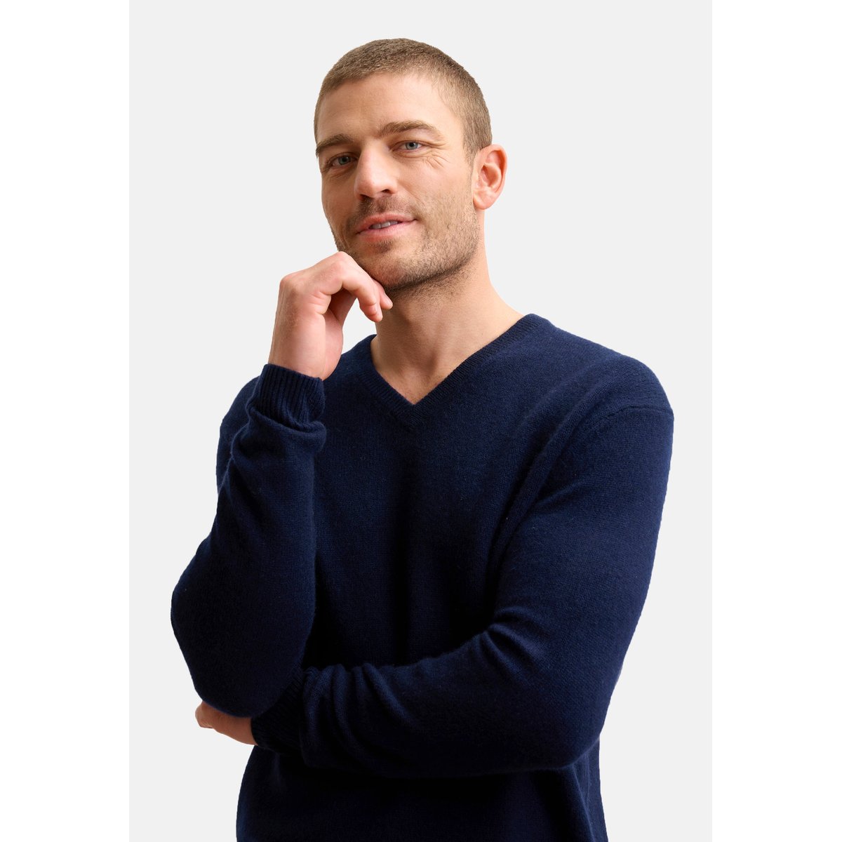Pull Col V 4 Fils Navy Nathan bleu foncé, JUST CASHMERE