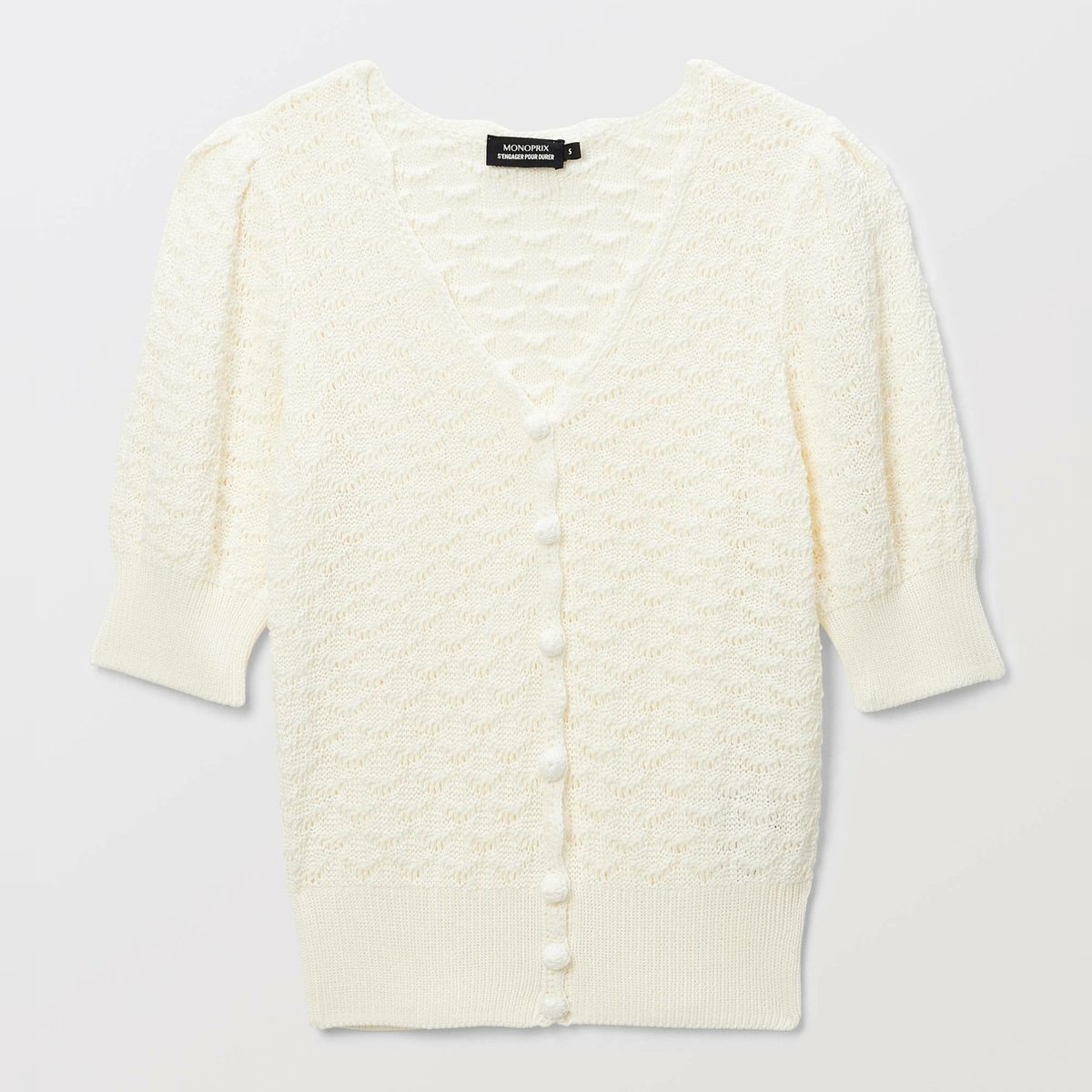 Top manches coudes en maille fantaisie ecru, MONOPRIX