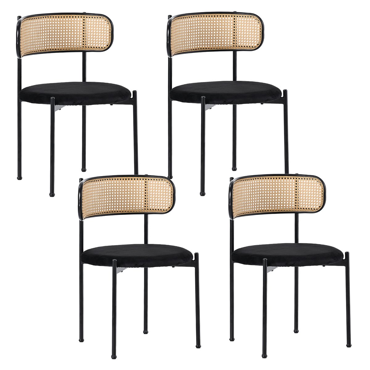 Lot de 4 chaises de salle à manger en velours avec dossier en rotin style moderne avec structure en métal, FreedomR noir, MEUBLES COSY