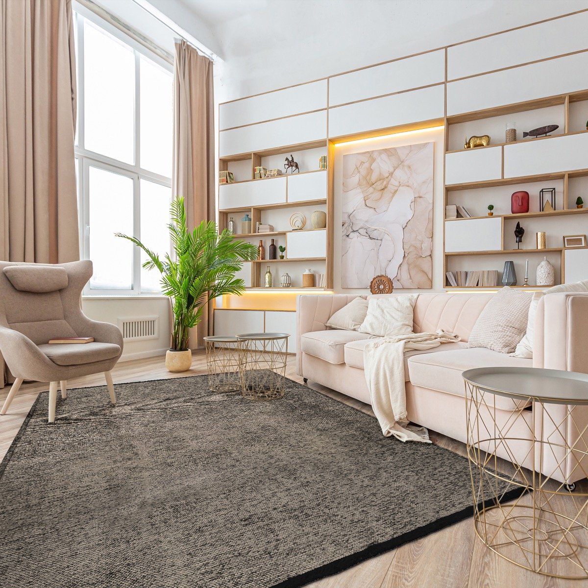 Tapis en coton et polyester lavable tissé plat  VENICE anthracite, THE DECO FACTORY