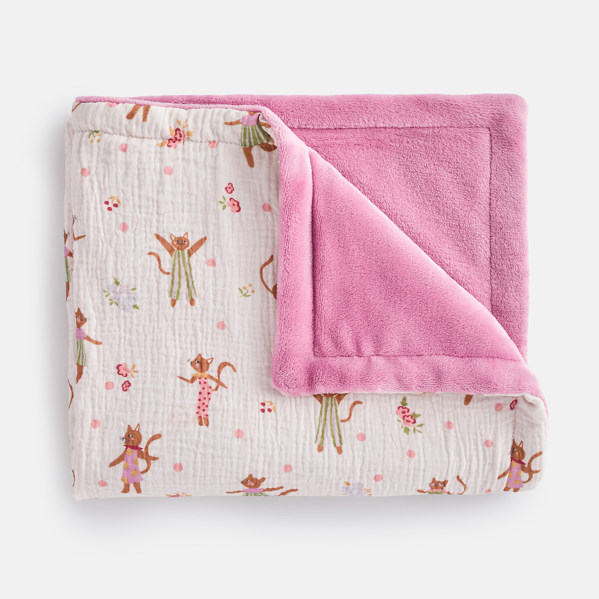 Manta estampada de tejido polar y gasa de algodón, CHATS FLEURIS estampado gato, LA REDOUTE INTERIEURS