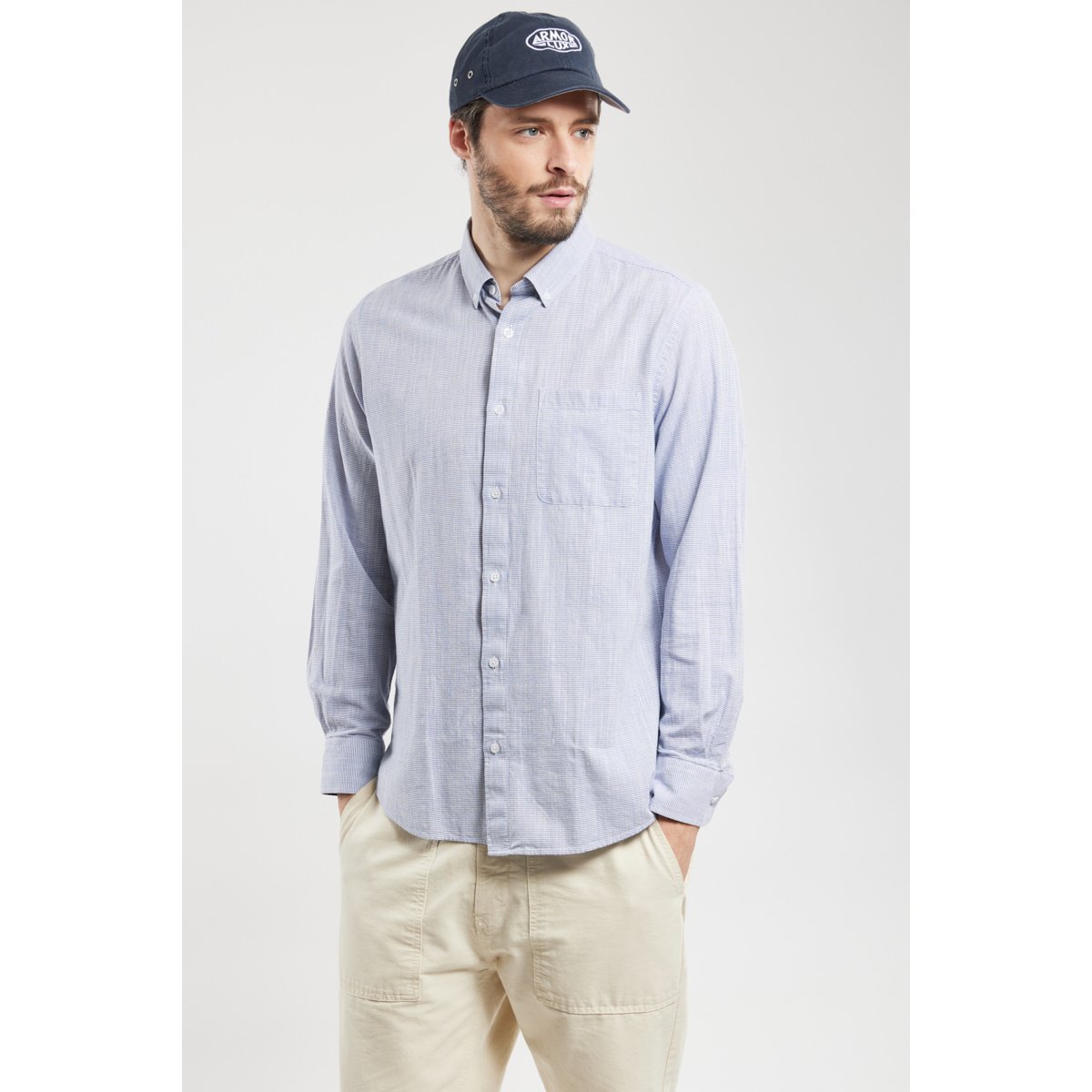 Chemise fines rayures en coton milleraie marine/milk, ARMOR-LUX