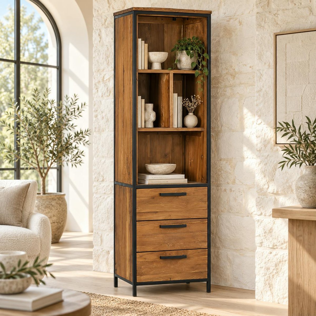 Colonne en bois de teck poignées métal PUNE bois naturel, PIER IMPORT