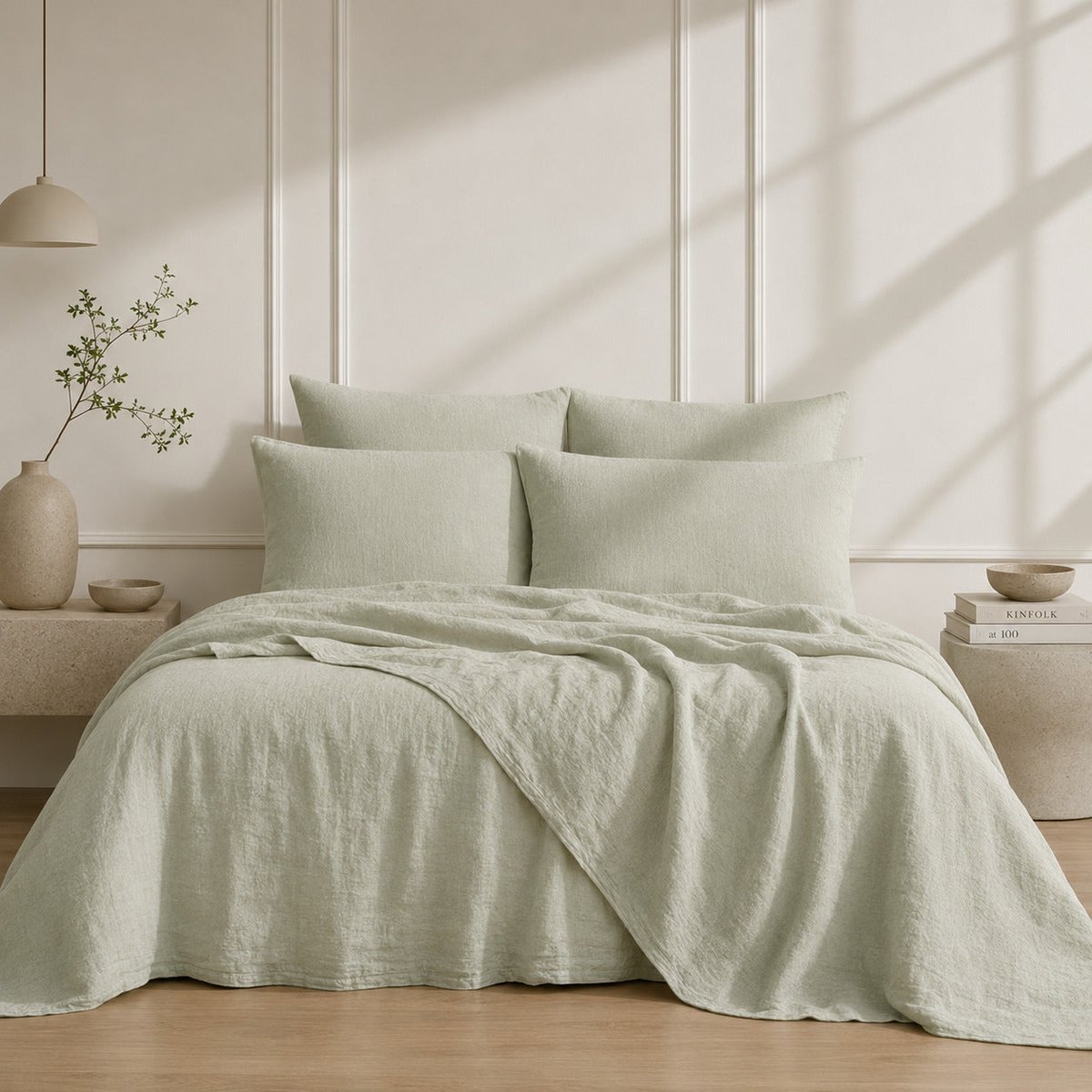 Parure + taies 65x65 lin lavé ADELE Made in Europe vert amande, FEBRONIE