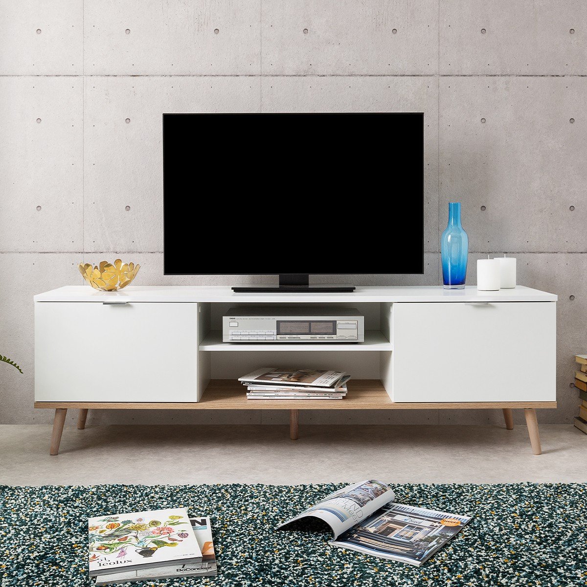 Meuble TV 2 Portes 2 Niches L160 cm - COPENHAGUE blanc, CALICOSY