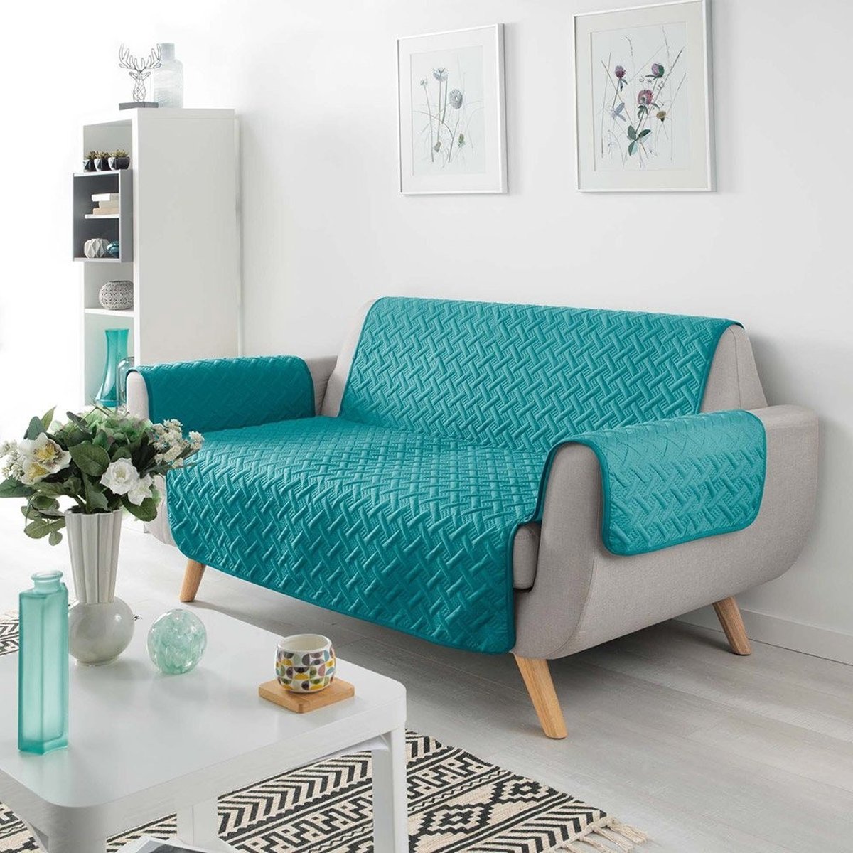 Protège canapé 3 places matelassé 279x179 uni Lounge noisette bleu, DECORATIE