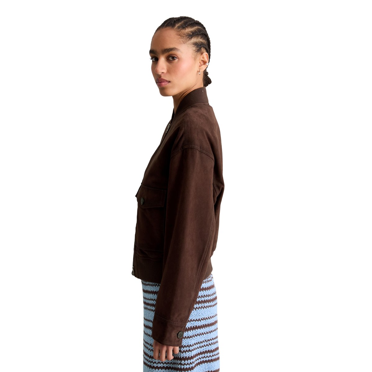 Blouson en cuir regular en cuir de chèvre velours doux marron foncé, MARC O’POLO DENIM