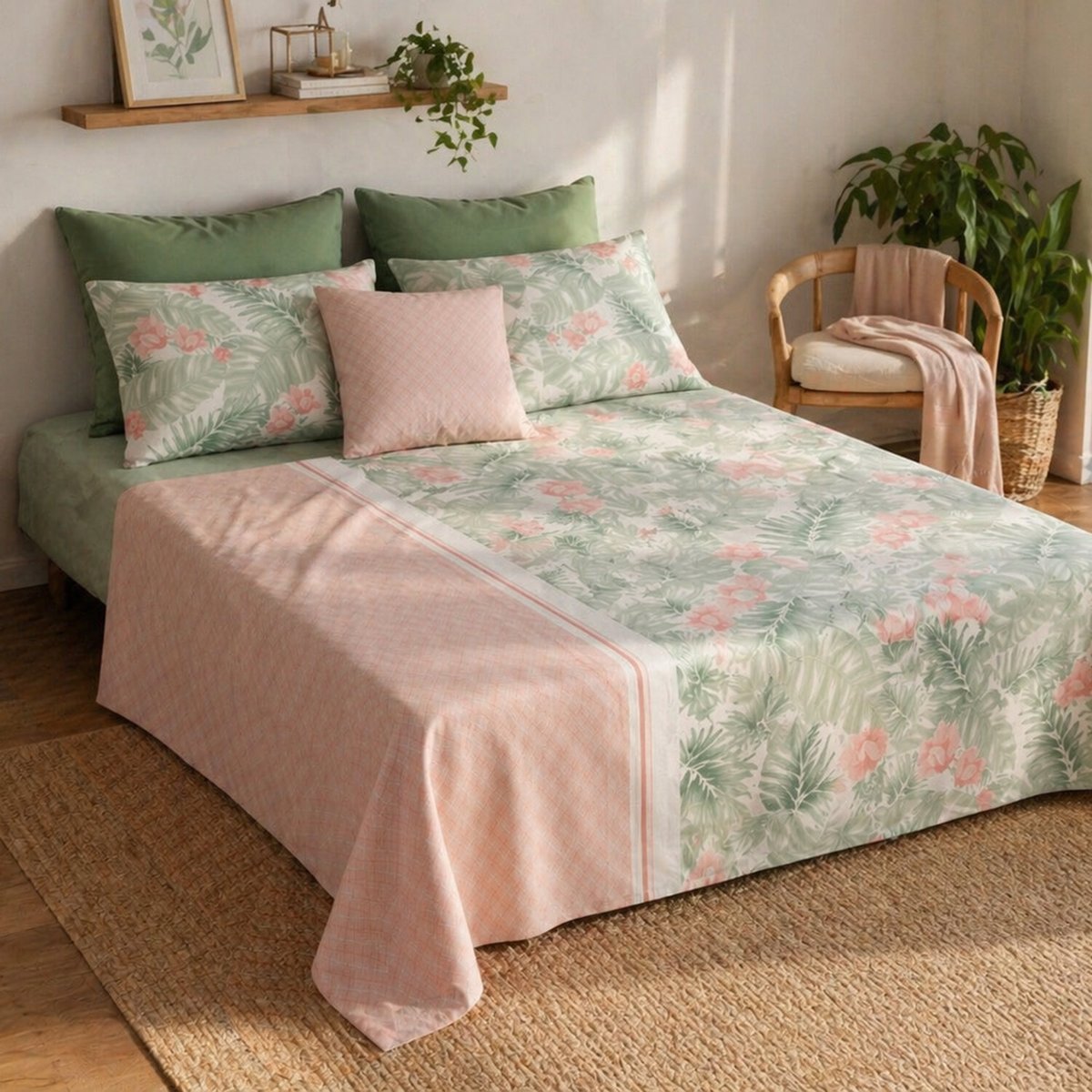 Parure de draps plat en coton imprimée, Bora rose clair, ATELIER DU COTON