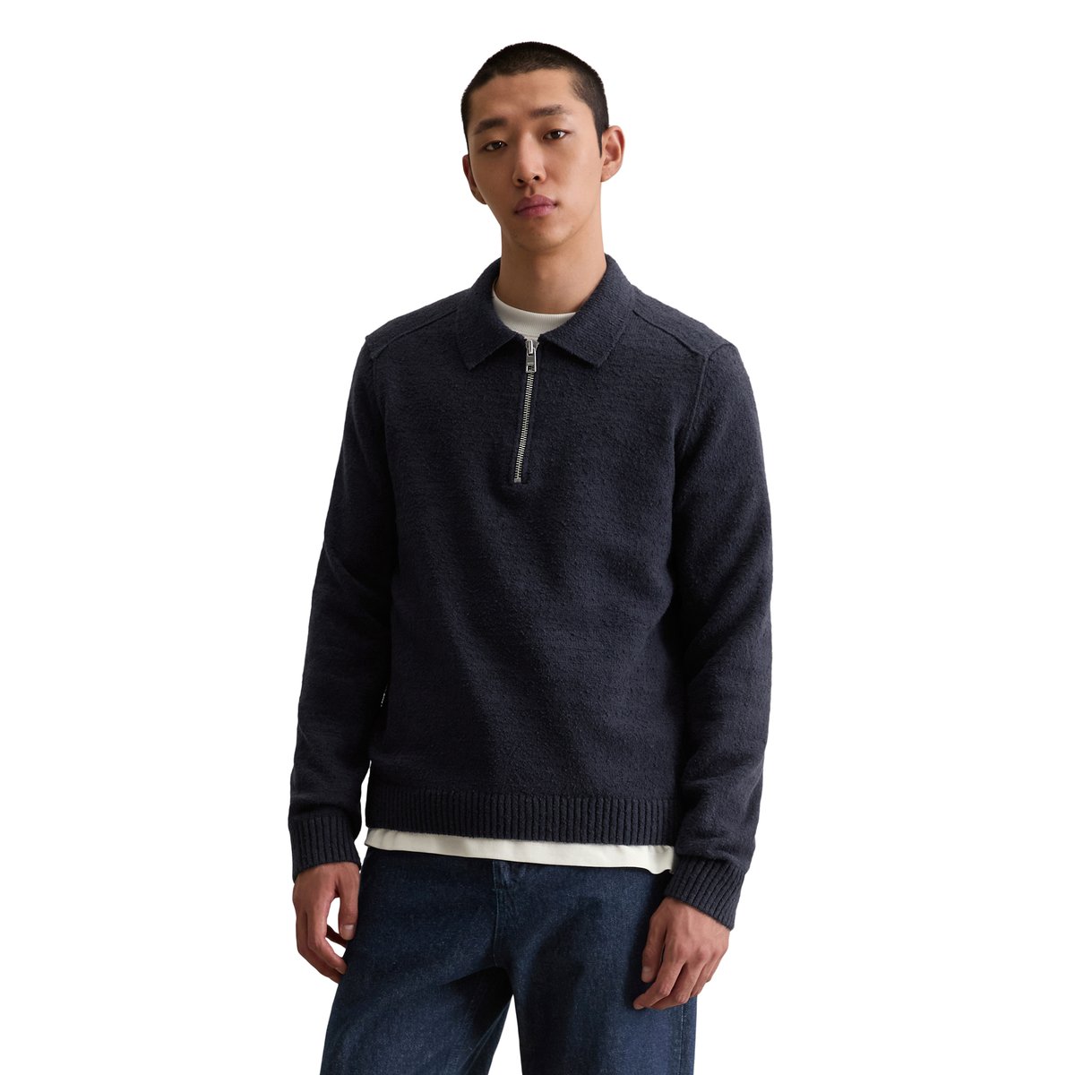Pull-over en tricot bouclette relaxed en coton bio bleu foncé, MARC O’POLO DENIM