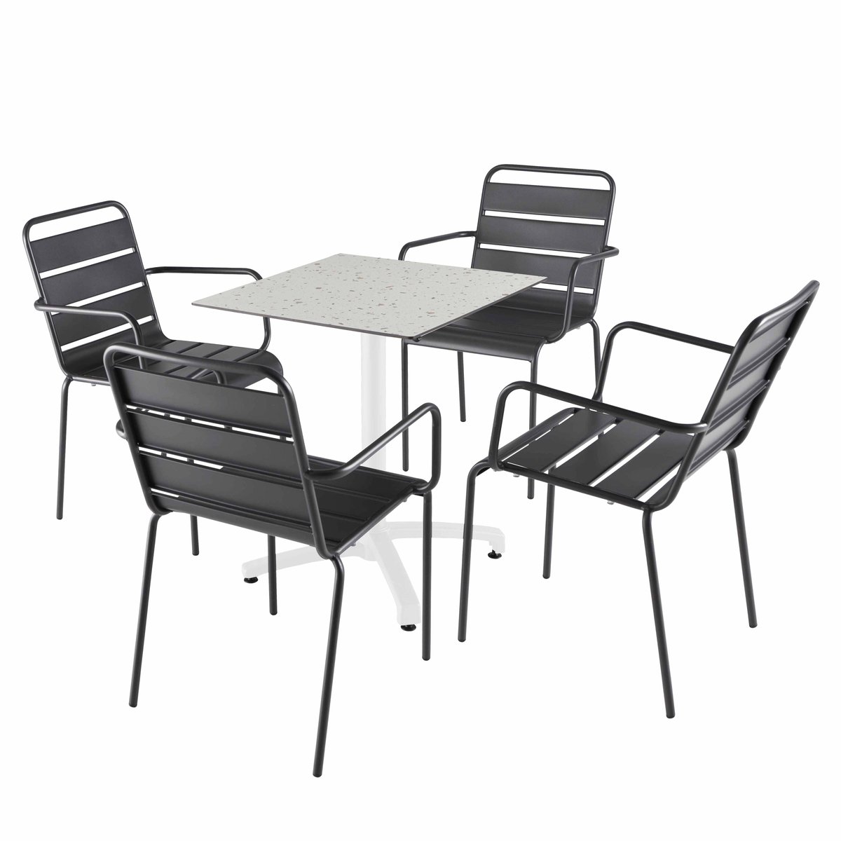 Table 60x60 cm inclinable stratifiée avec pied blanc et chaises en métal, OPERA gris, OVIALA