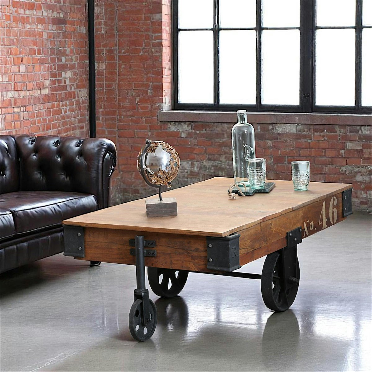 Table basse à roulettes style industriel bois recyclé et métal vintage 120x70cm LEEDS bois naturel, PIER IMPORT