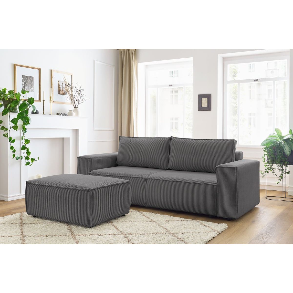 Canapé droit convertible 4 places en velours côtelé avec pouf, NIHAD gris foncé, BOBOCHIC